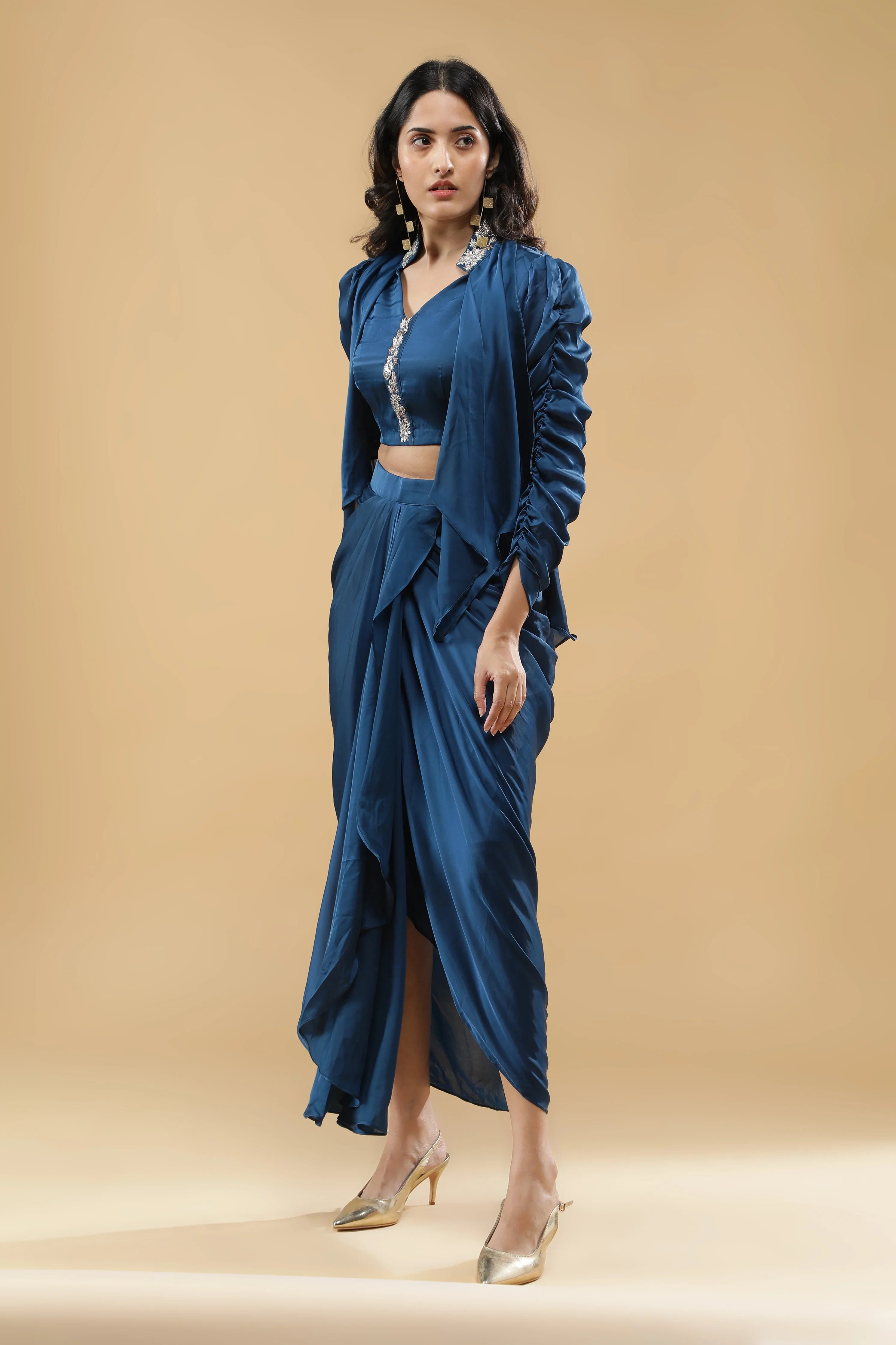 Blue Satin Silk Indo-Western Set - Mokshaa