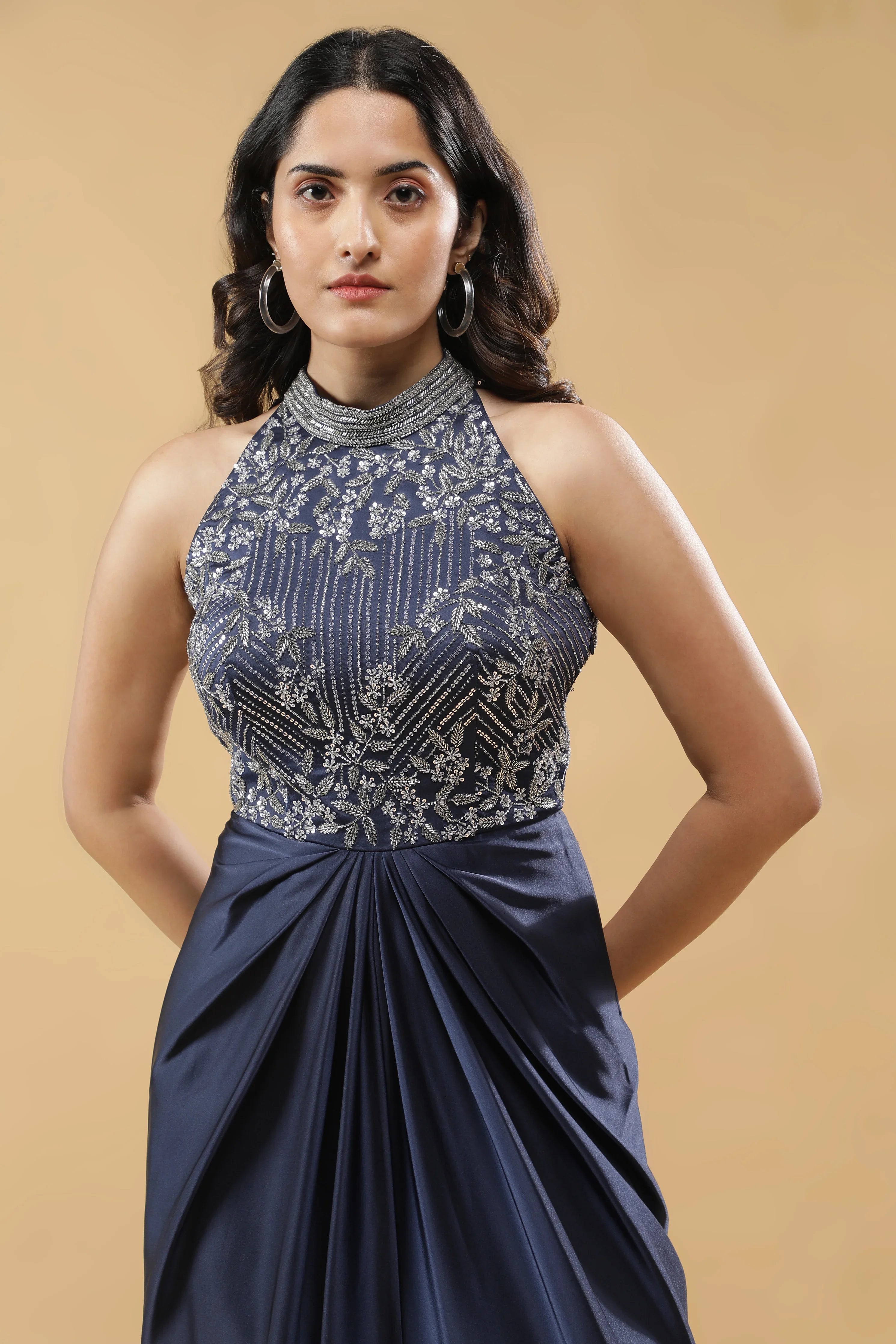 Navy Blue Satin Silk Drape Gown - Mokshaa