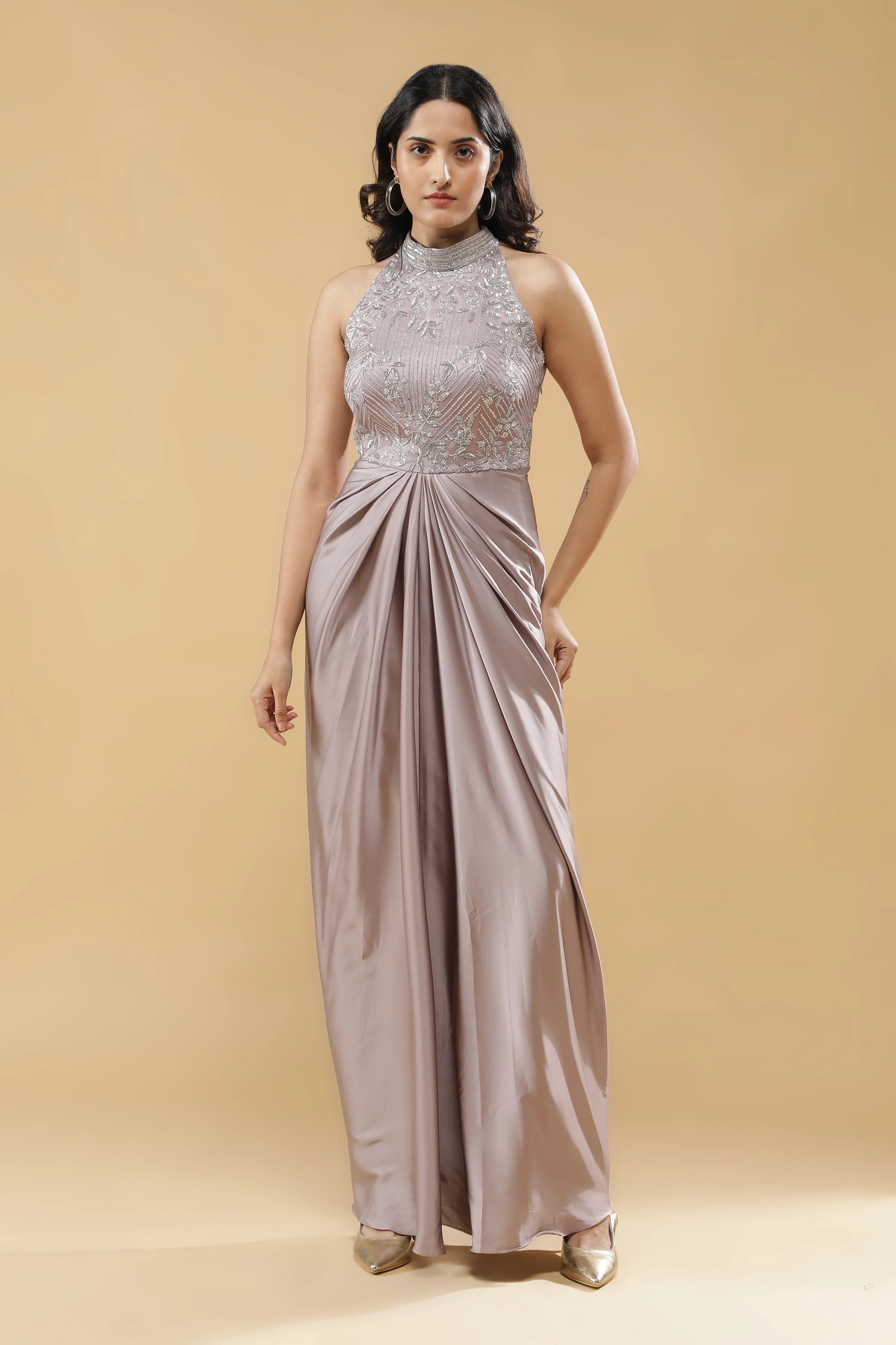 Lilac Satin Silk Drape Gown - Mokshaa