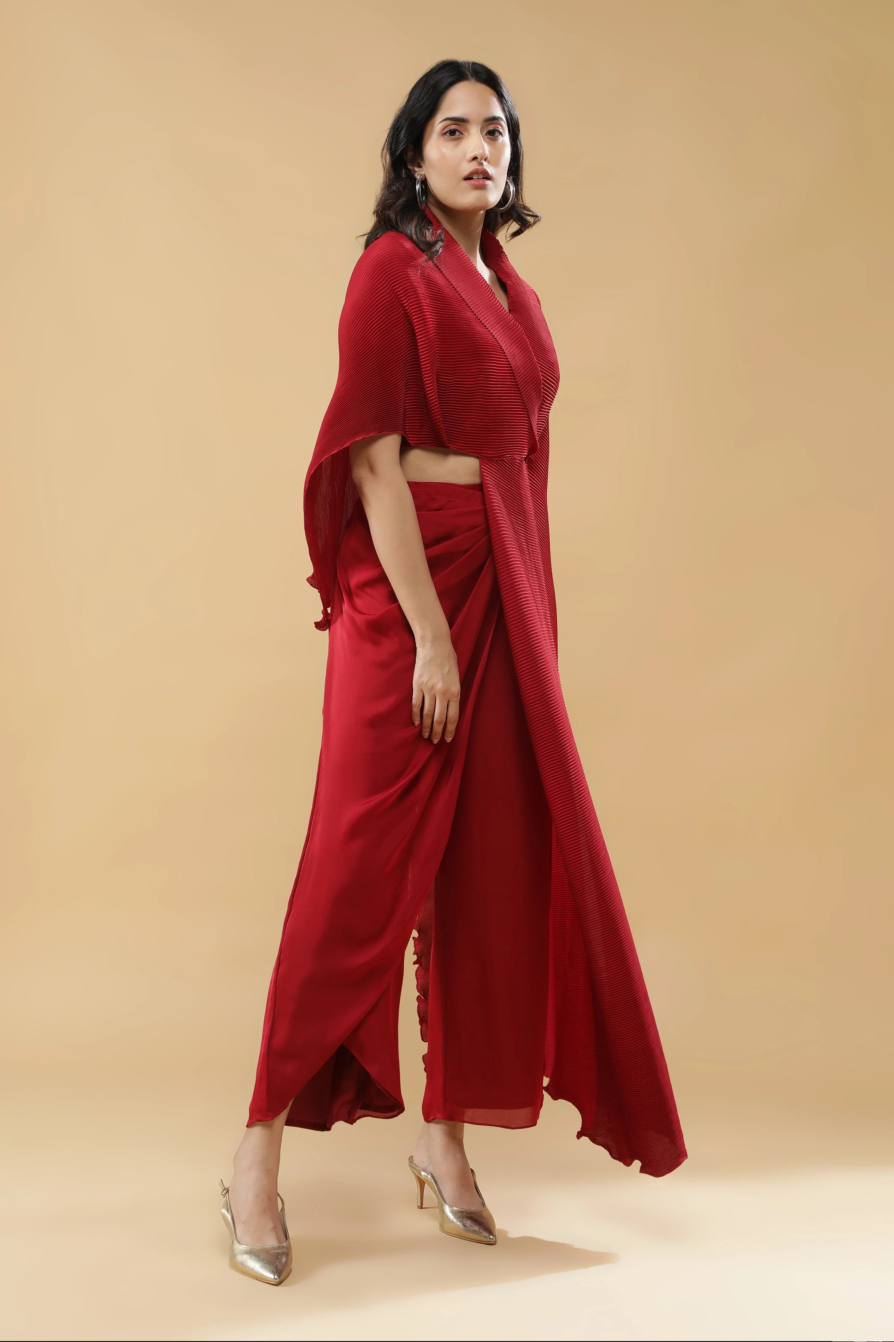 Red Pleated Indo-Western Set - Mokshaa
