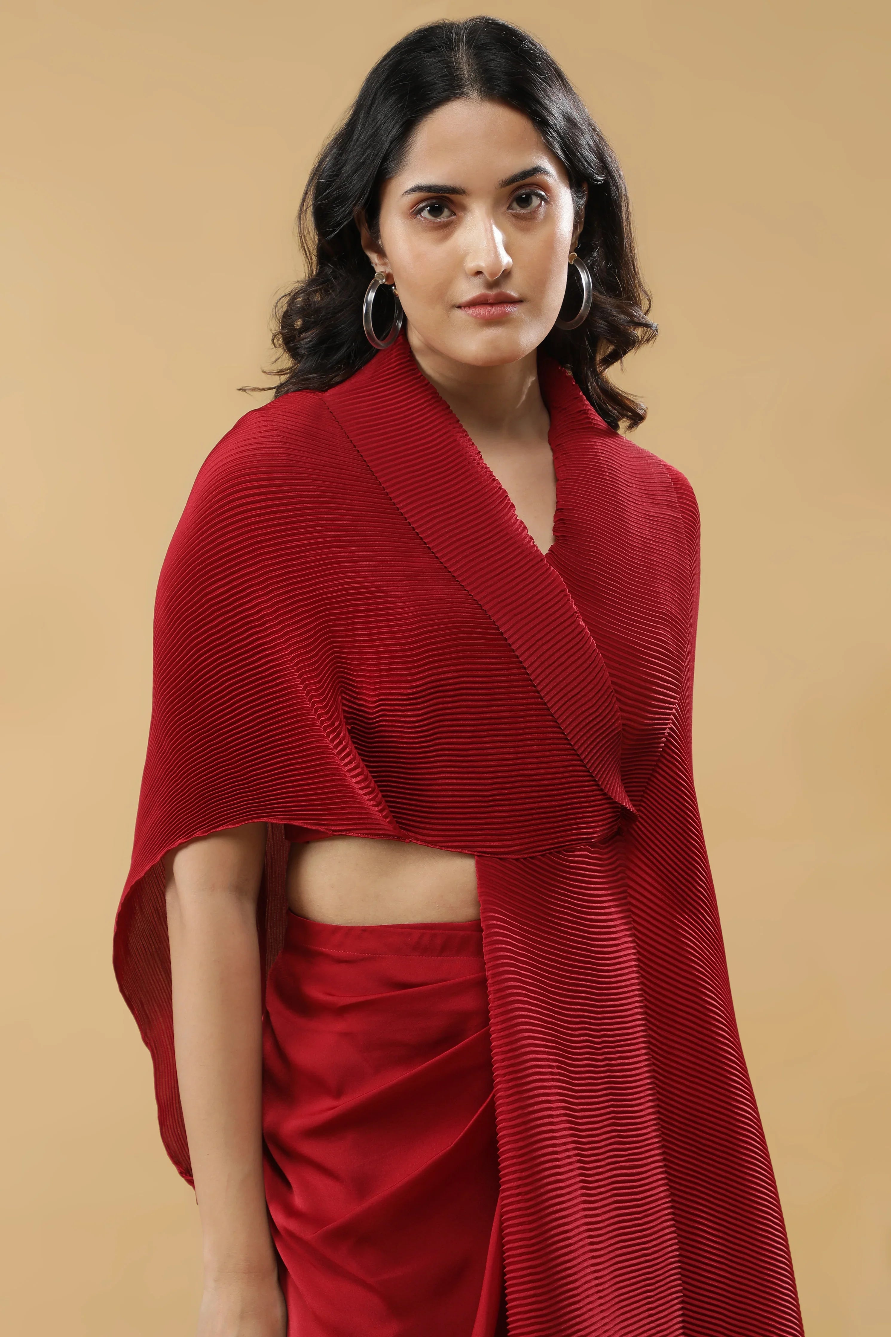 Red Pleated Indo-Western Set - Mokshaa