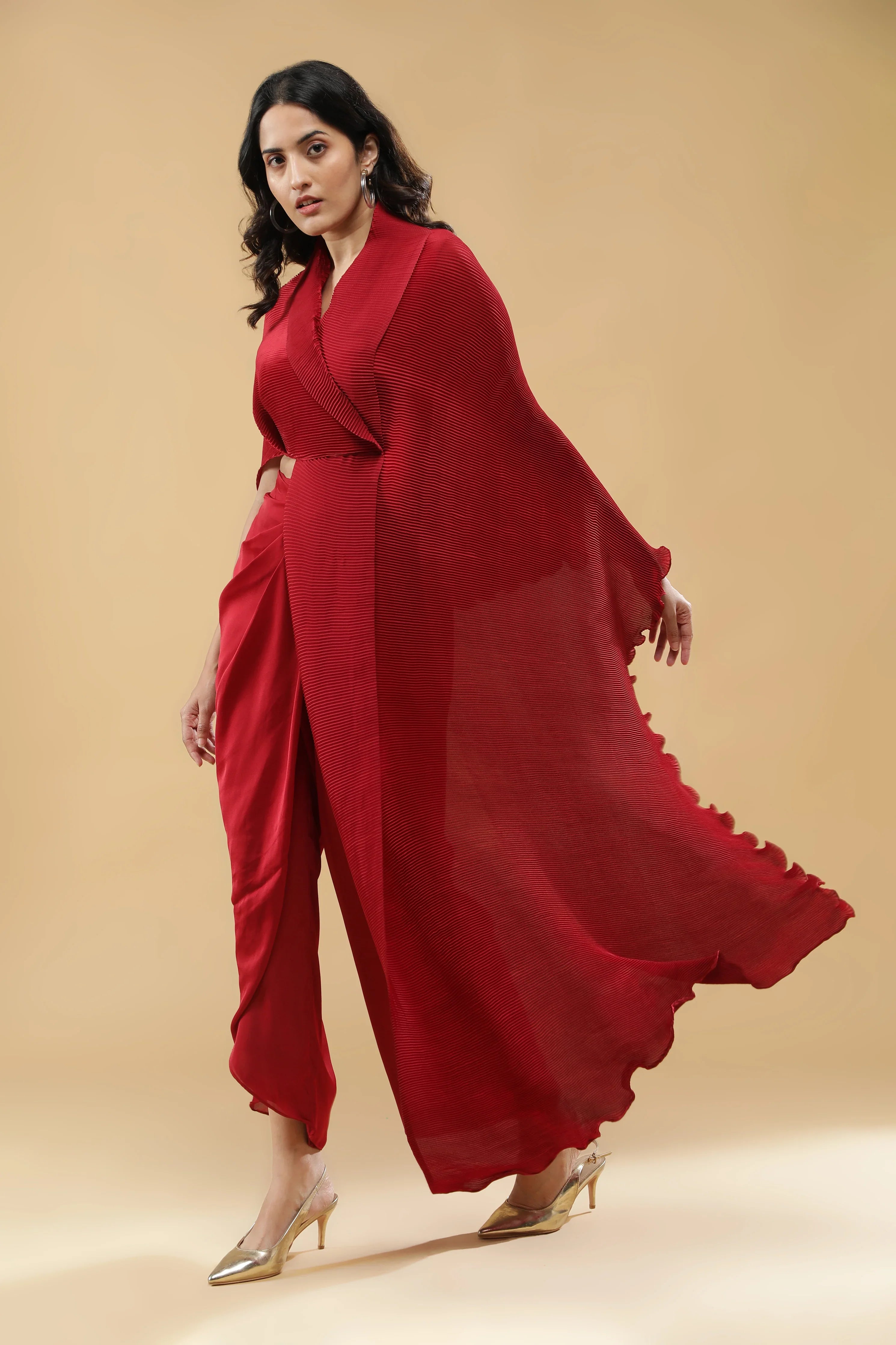 Red Pleated Indo-Western Set - Mokshaa