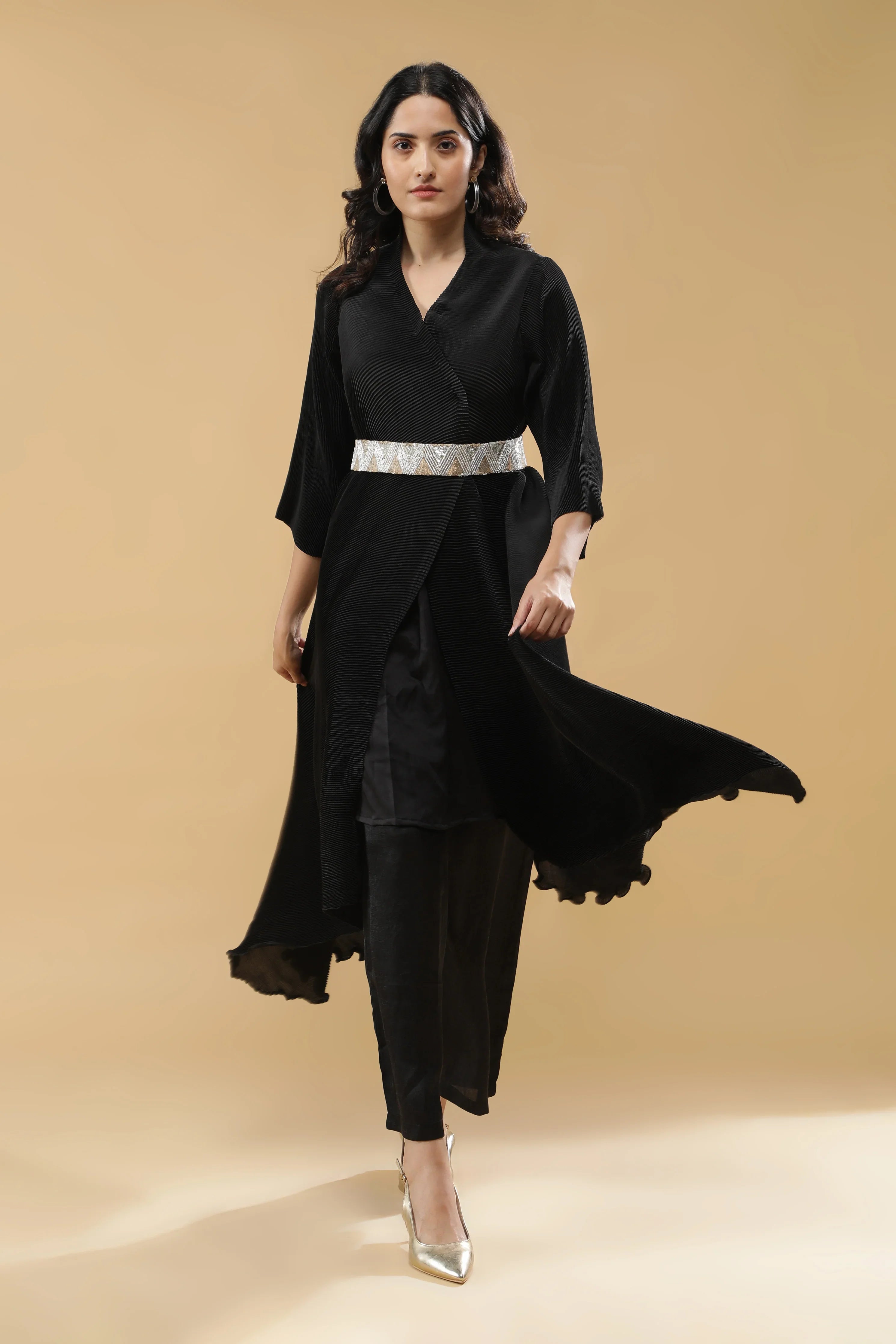 Black Pleated Indowestern Set with Embroidered Belt - Mokshaa