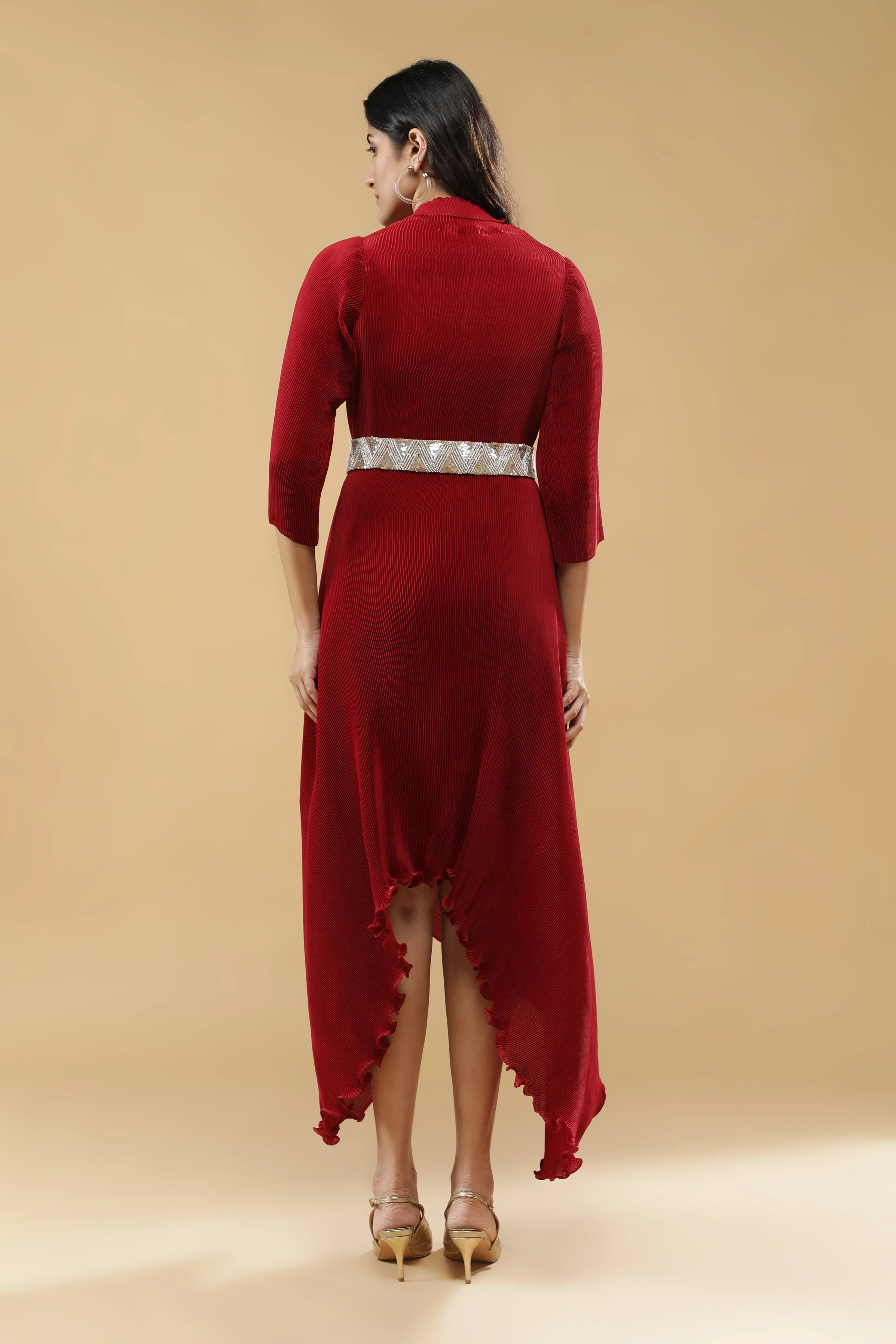 Red Pleated Dress with Embroidered Belt - Mokshaa