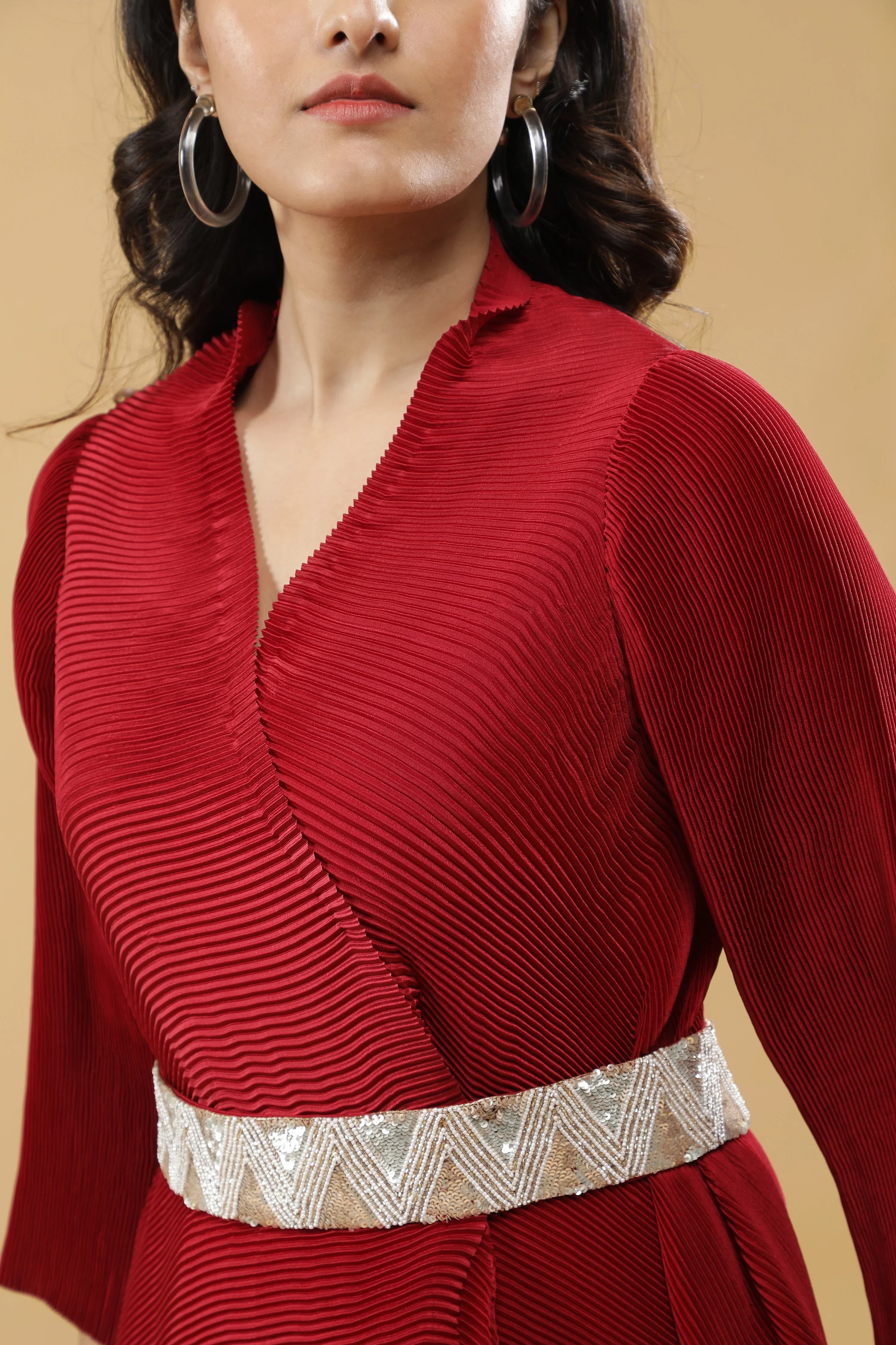 Red Pleated Dress with Embroidered Belt - Mokshaa