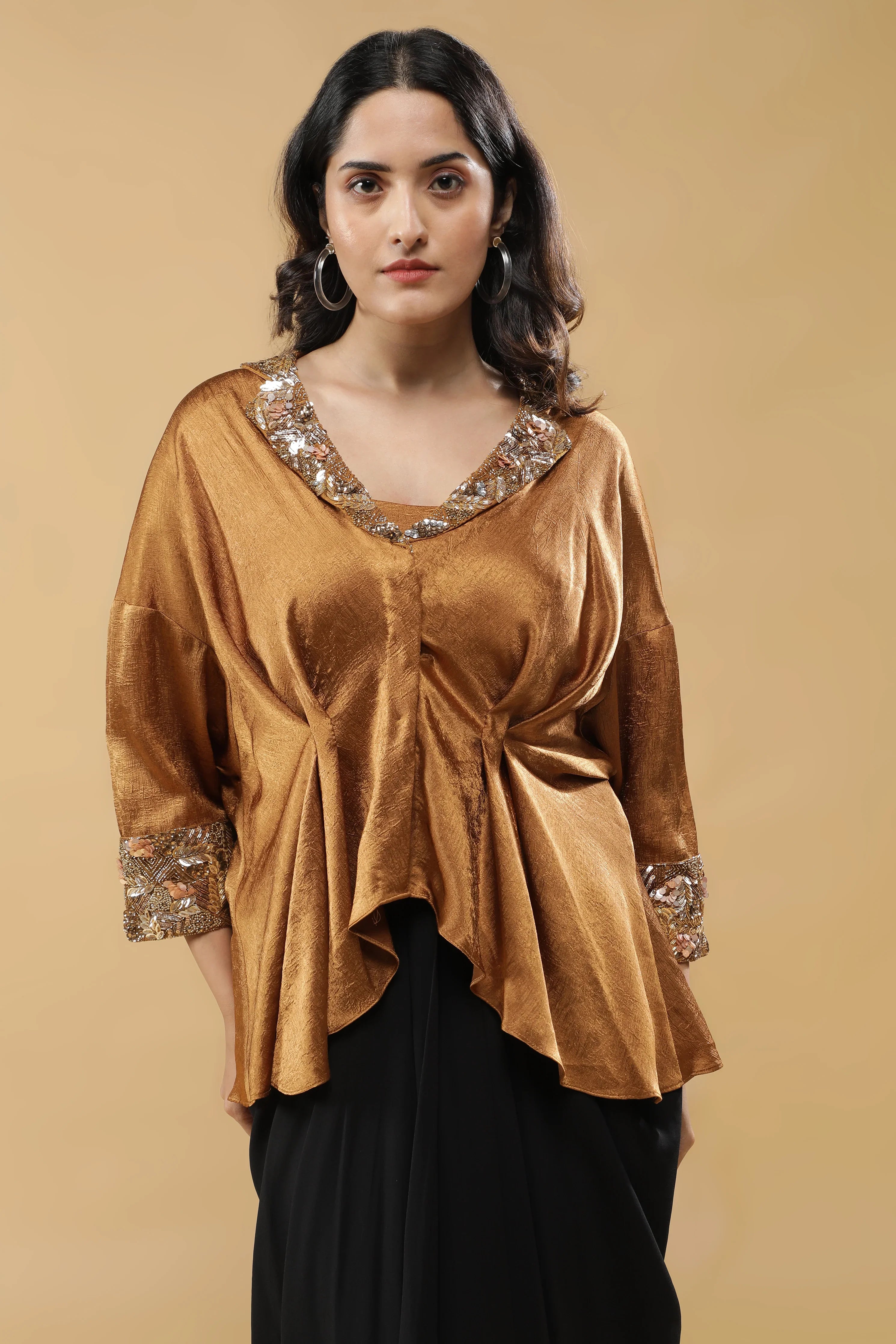 Golden Crushed Silk Top with Black Drape Skirt - Mokshaa