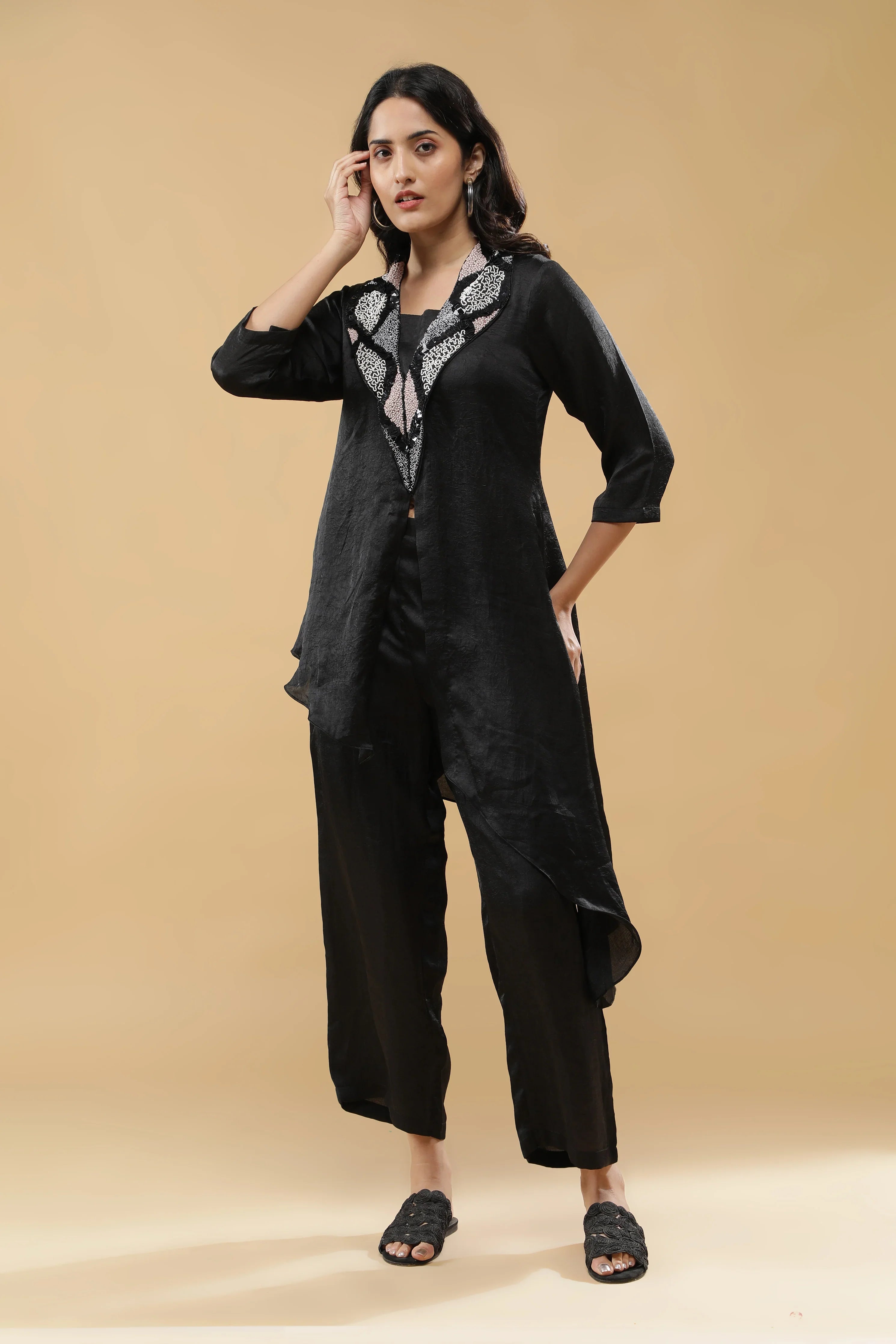 Black Crushed Silk Indo-Western Set - Mokshaa