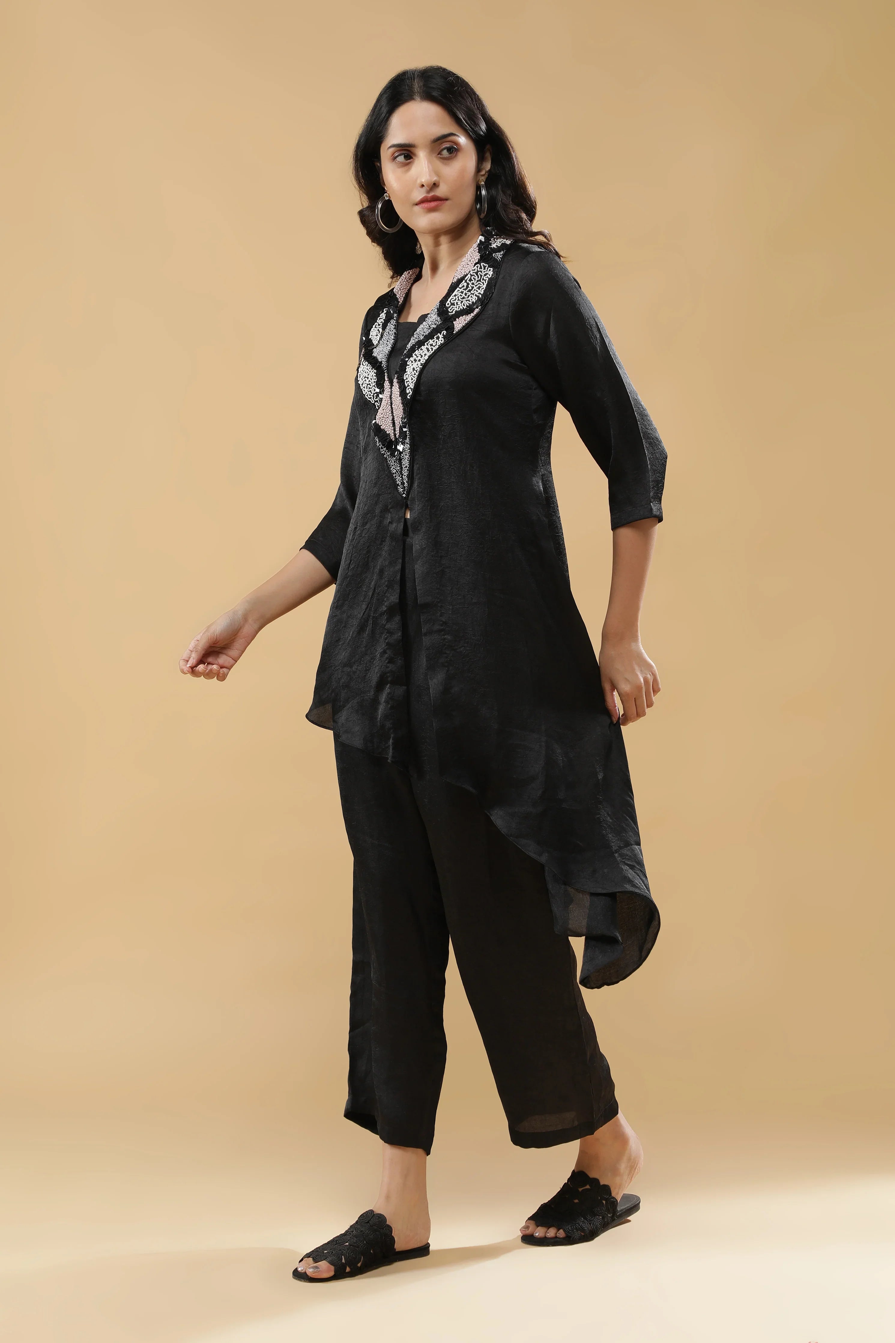 Black Crushed Silk Indo-Western Set - Mokshaa