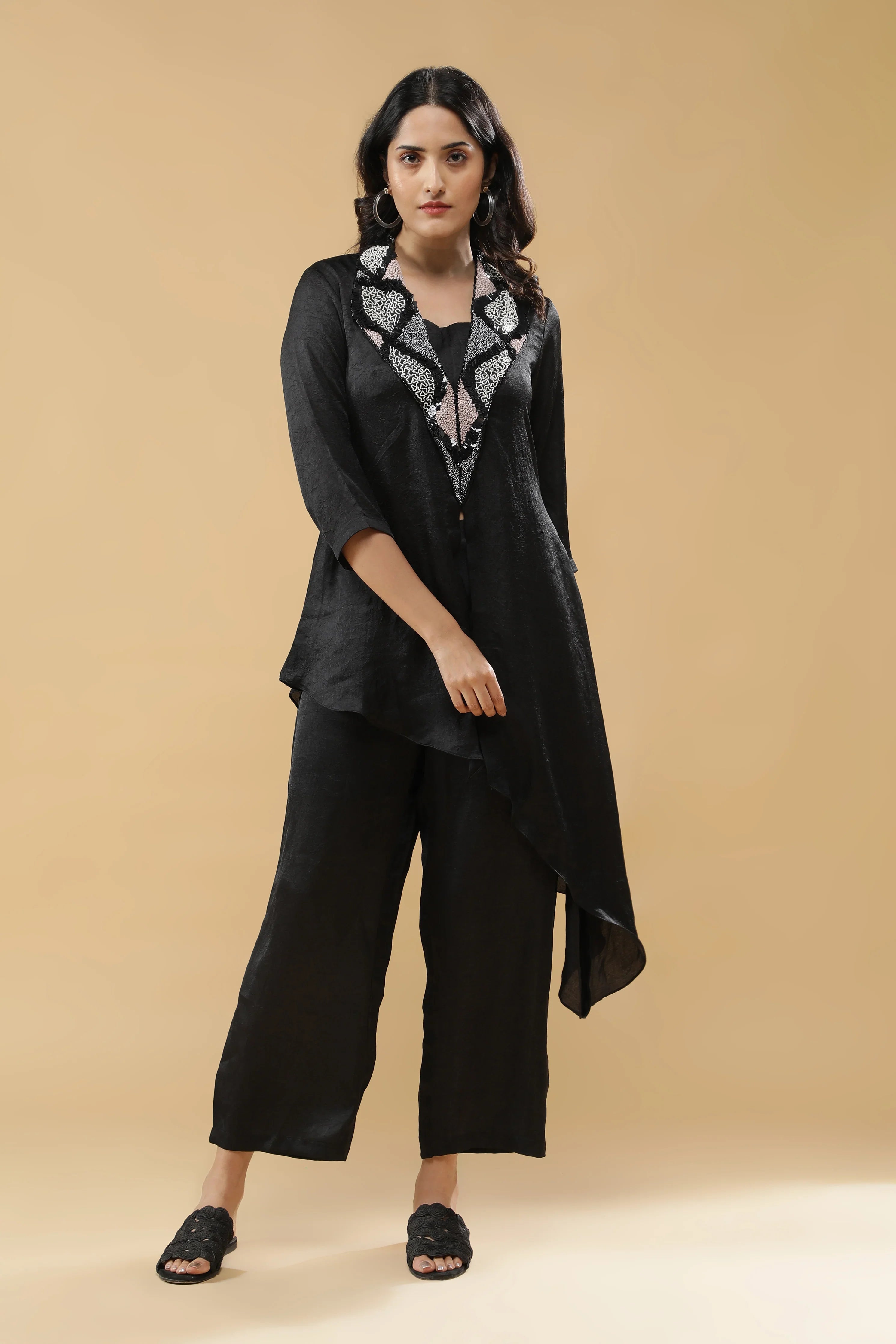 Black Crushed Silk Indo-Western Set - Mokshaa
