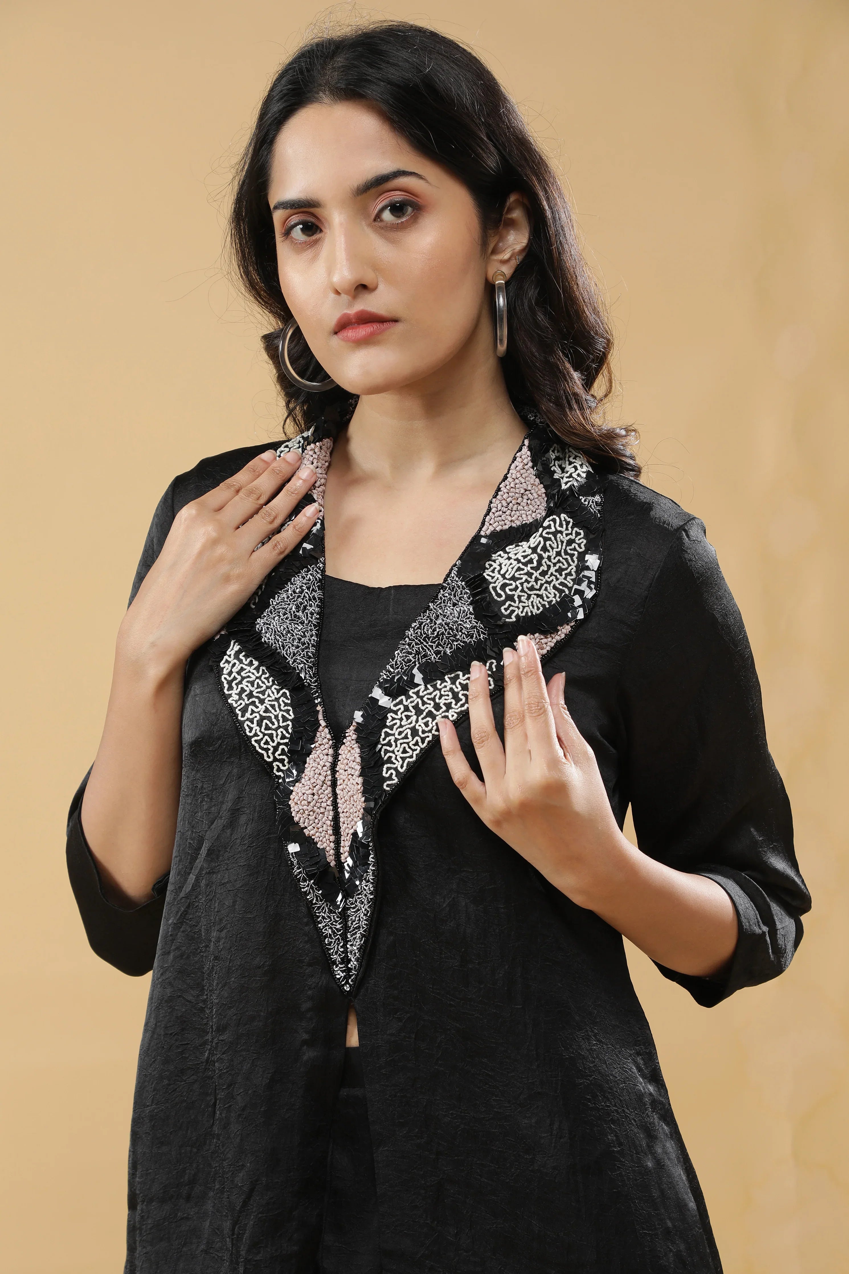 Black Crushed Silk Indo-Western Set - Mokshaa