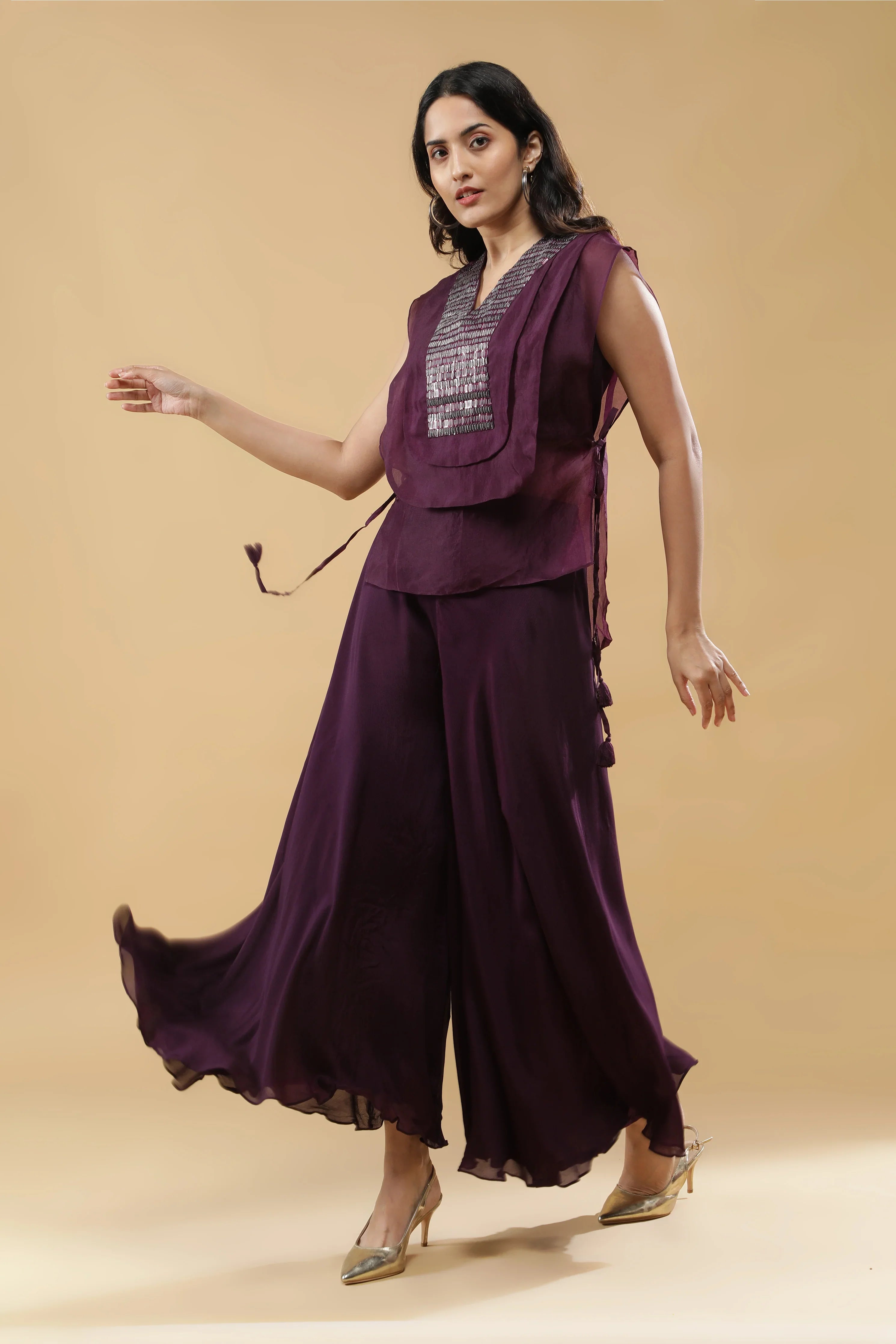 Wine Organza Indo-western Set - Mokshaa