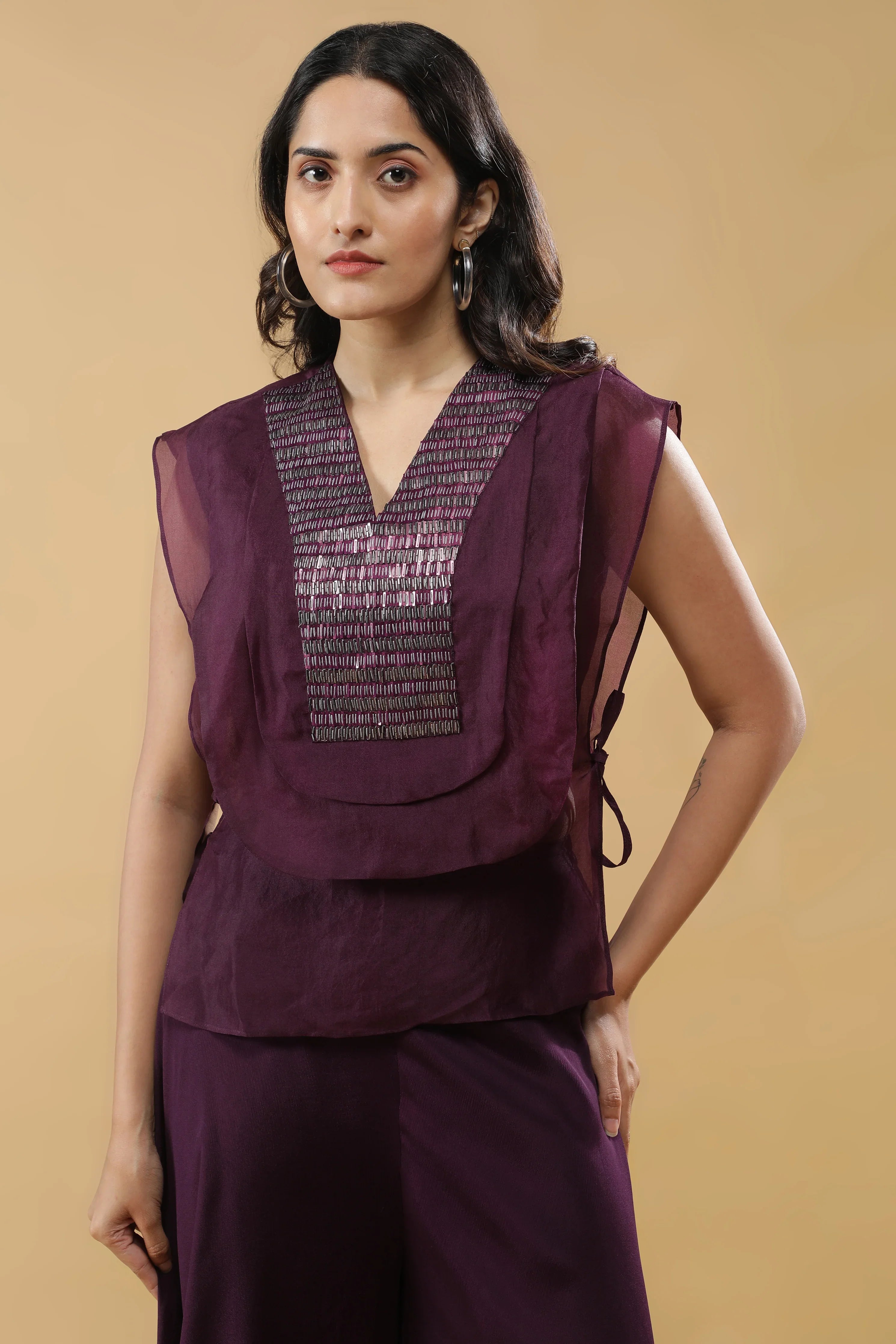 Wine Organza Indo-western Set - Mokshaa