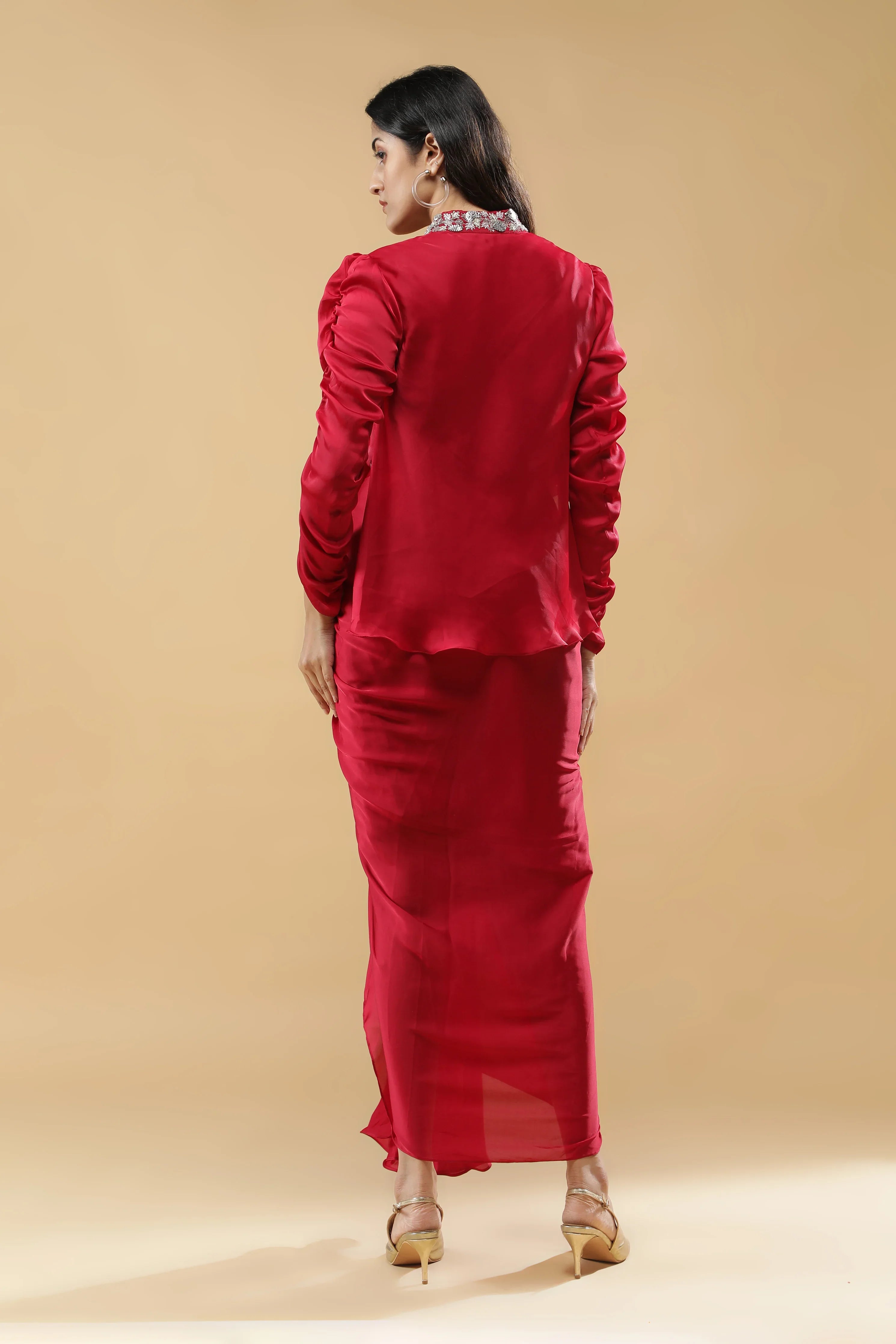 Red Satin Silk Indo-Western Drape Set - Mokshaa