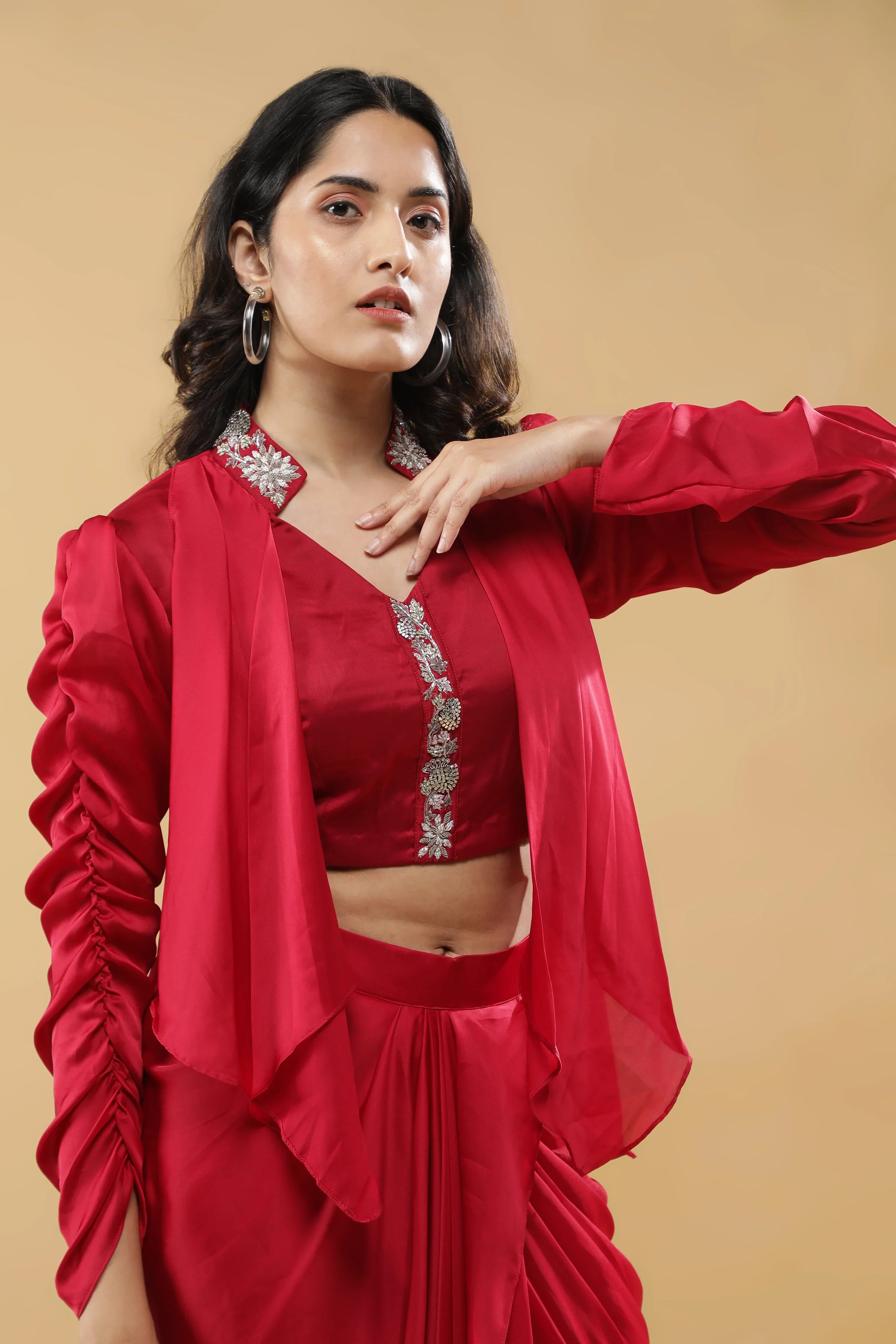 Red Satin Silk Indo-Western Drape Set - Mokshaa