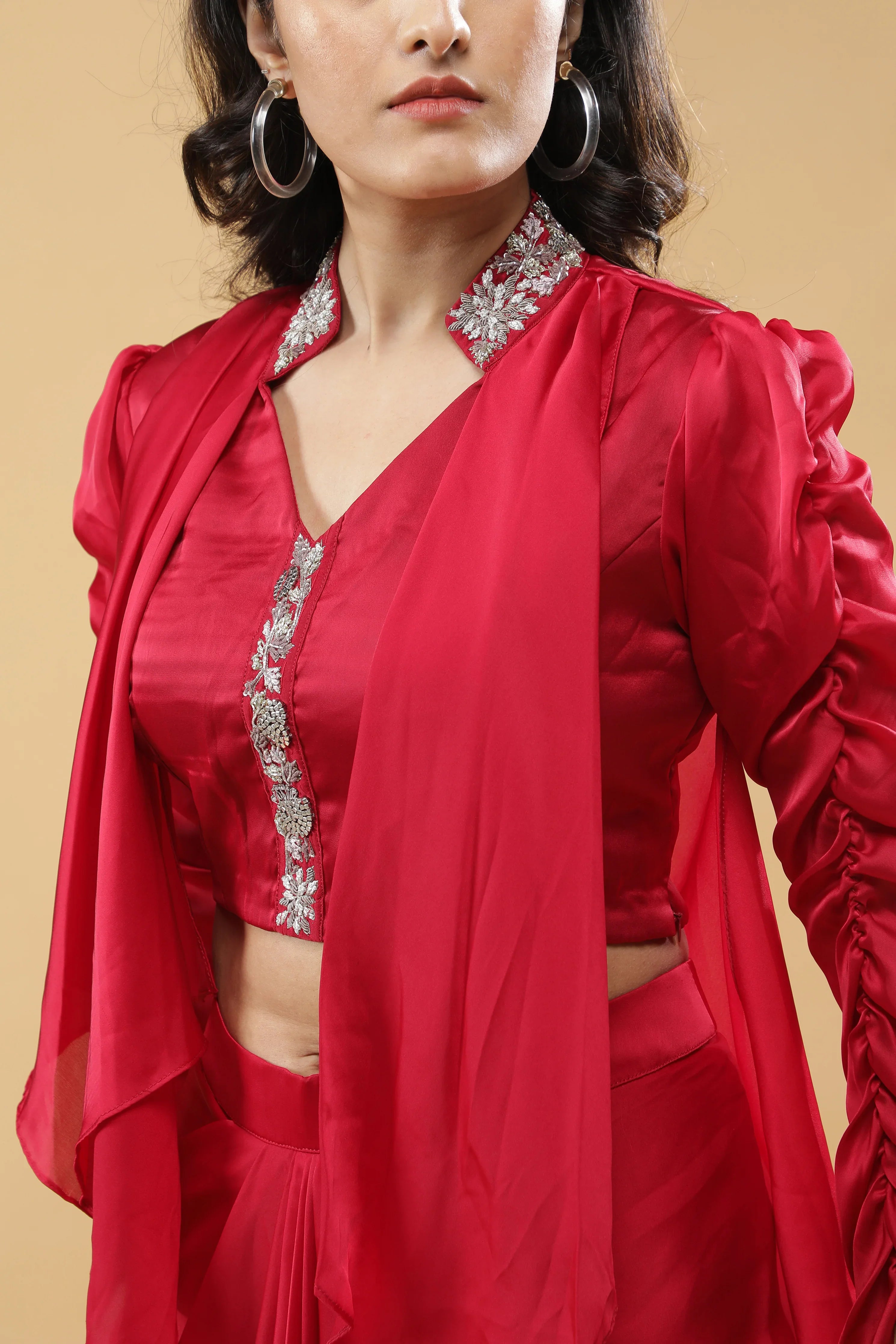 Red Satin Silk Indo-Western Drape Set - Mokshaa