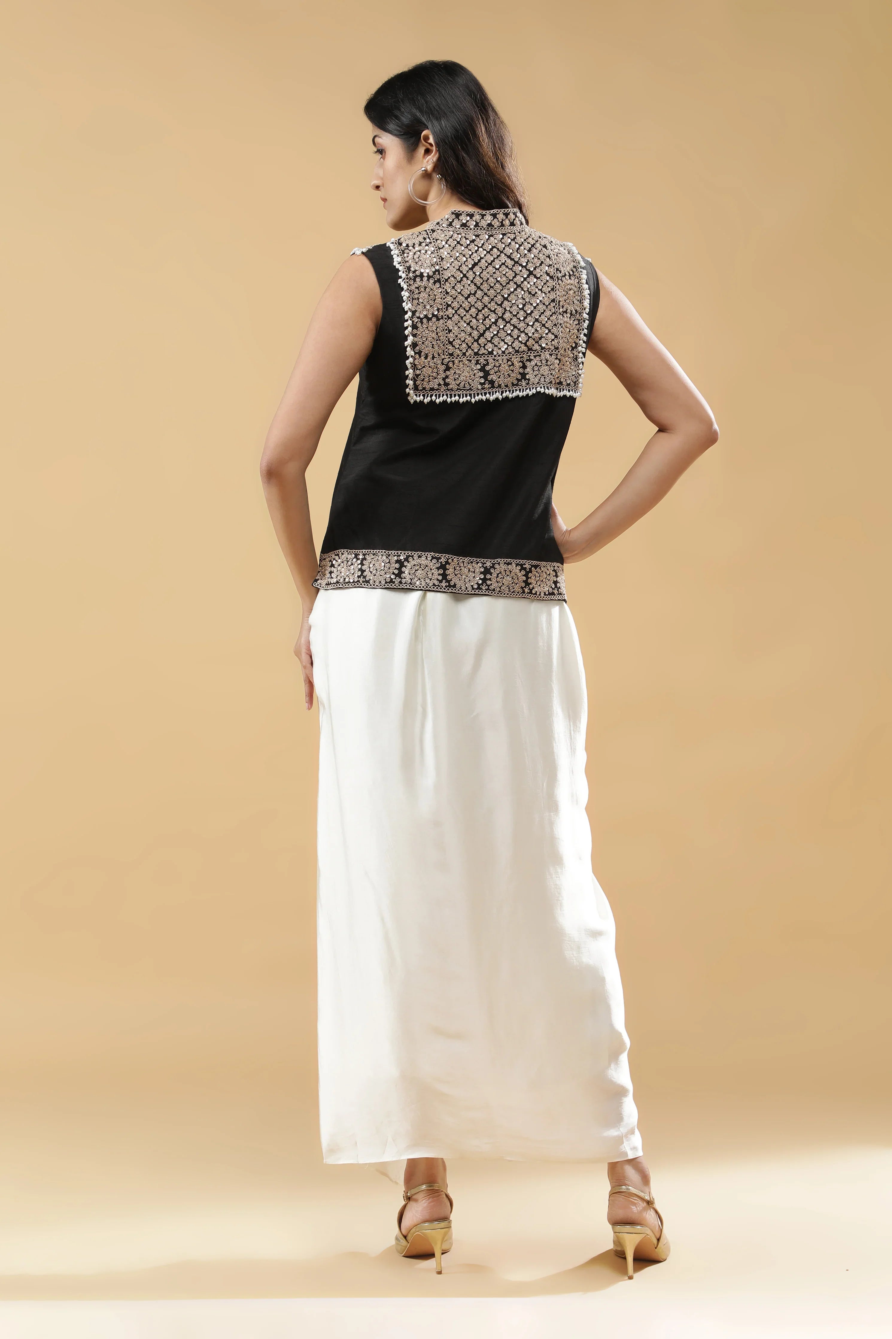 Black Silk Indo-Western Drape Set - Mokshaa