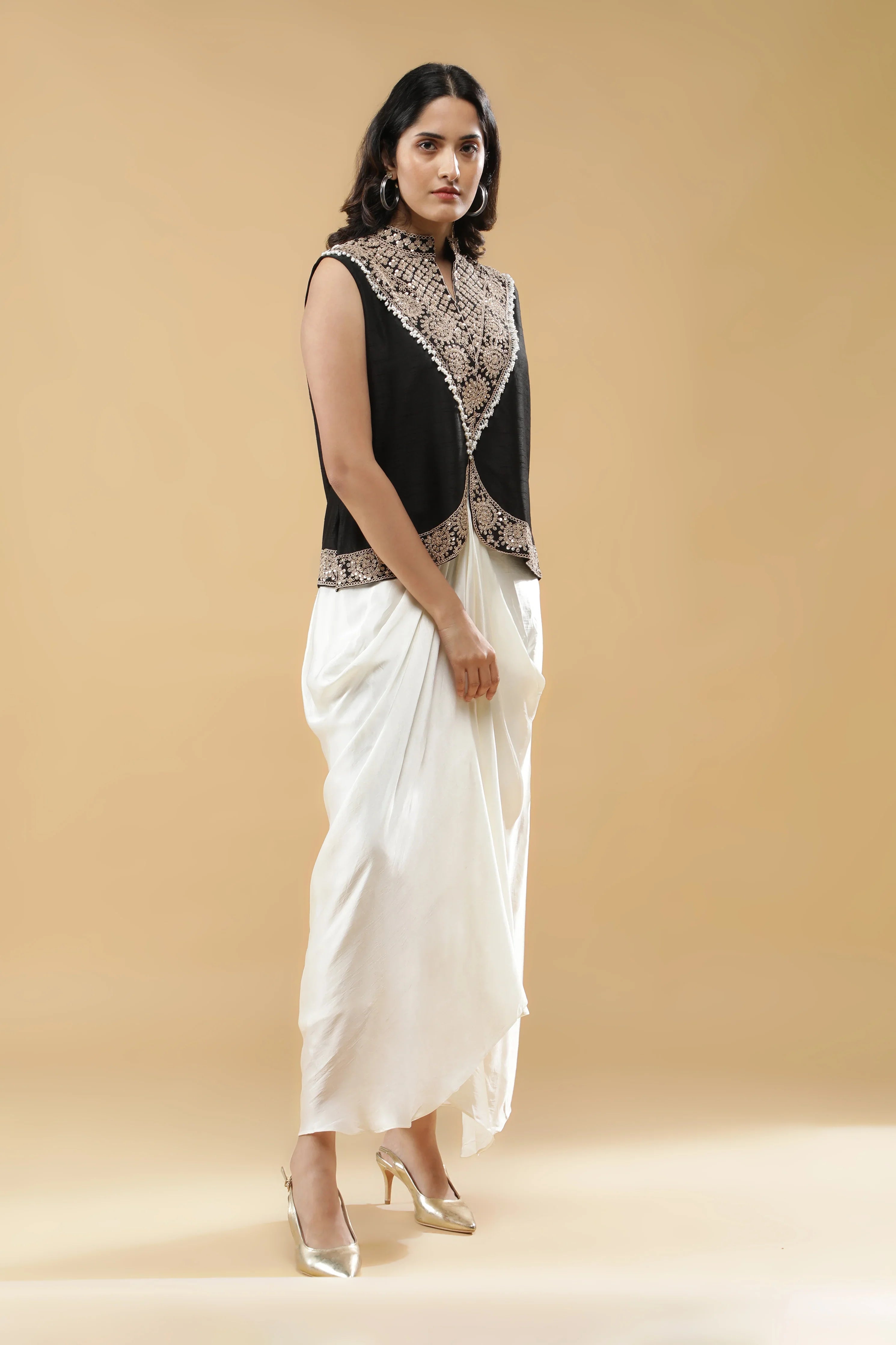 Black Silk Indo-Western Drape Set - Mokshaa