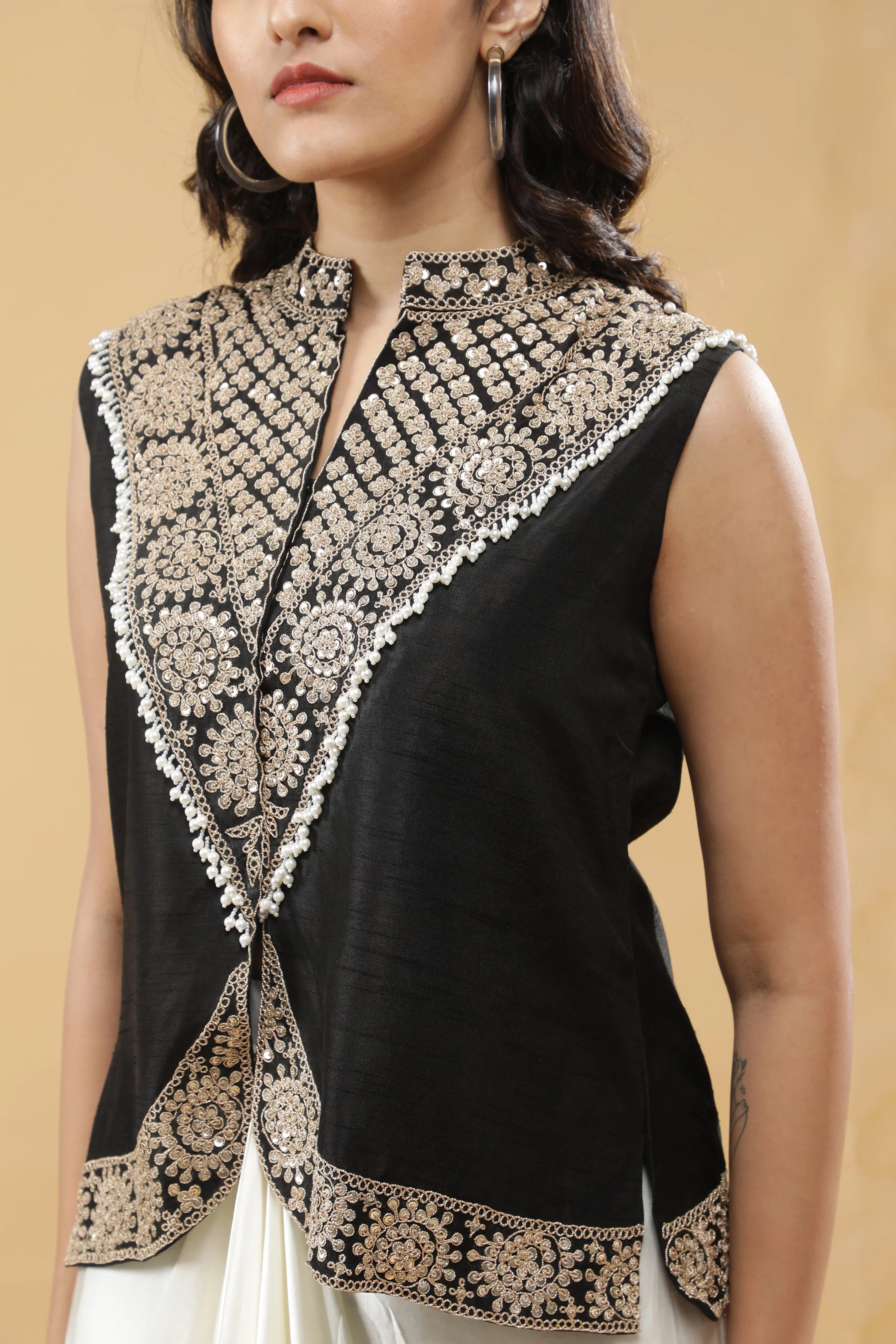 Black Silk Indo-Western Drape Set - Mokshaa