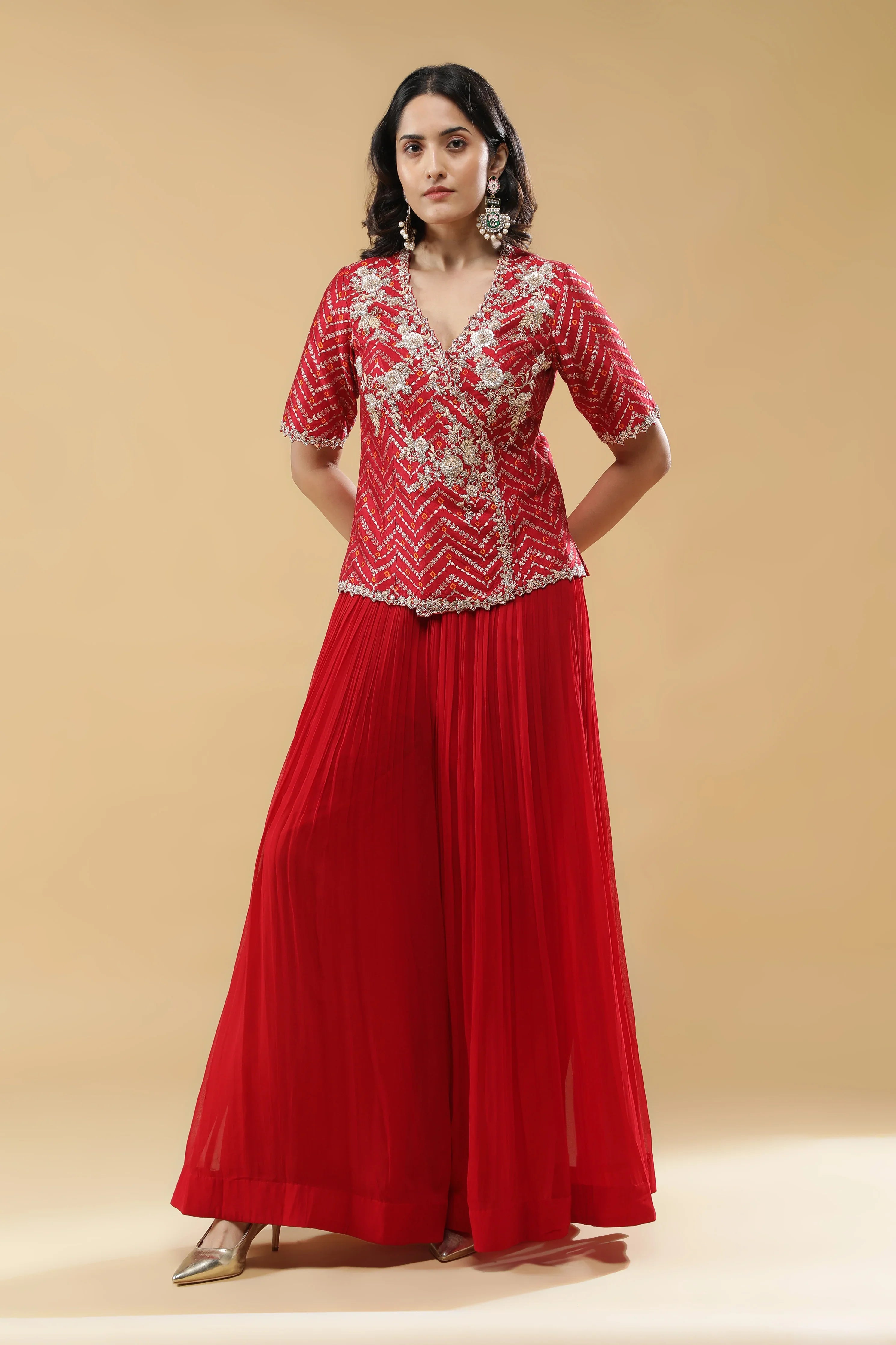 Red Bandhej Silk Peplum Indo-Western - Mokshaa