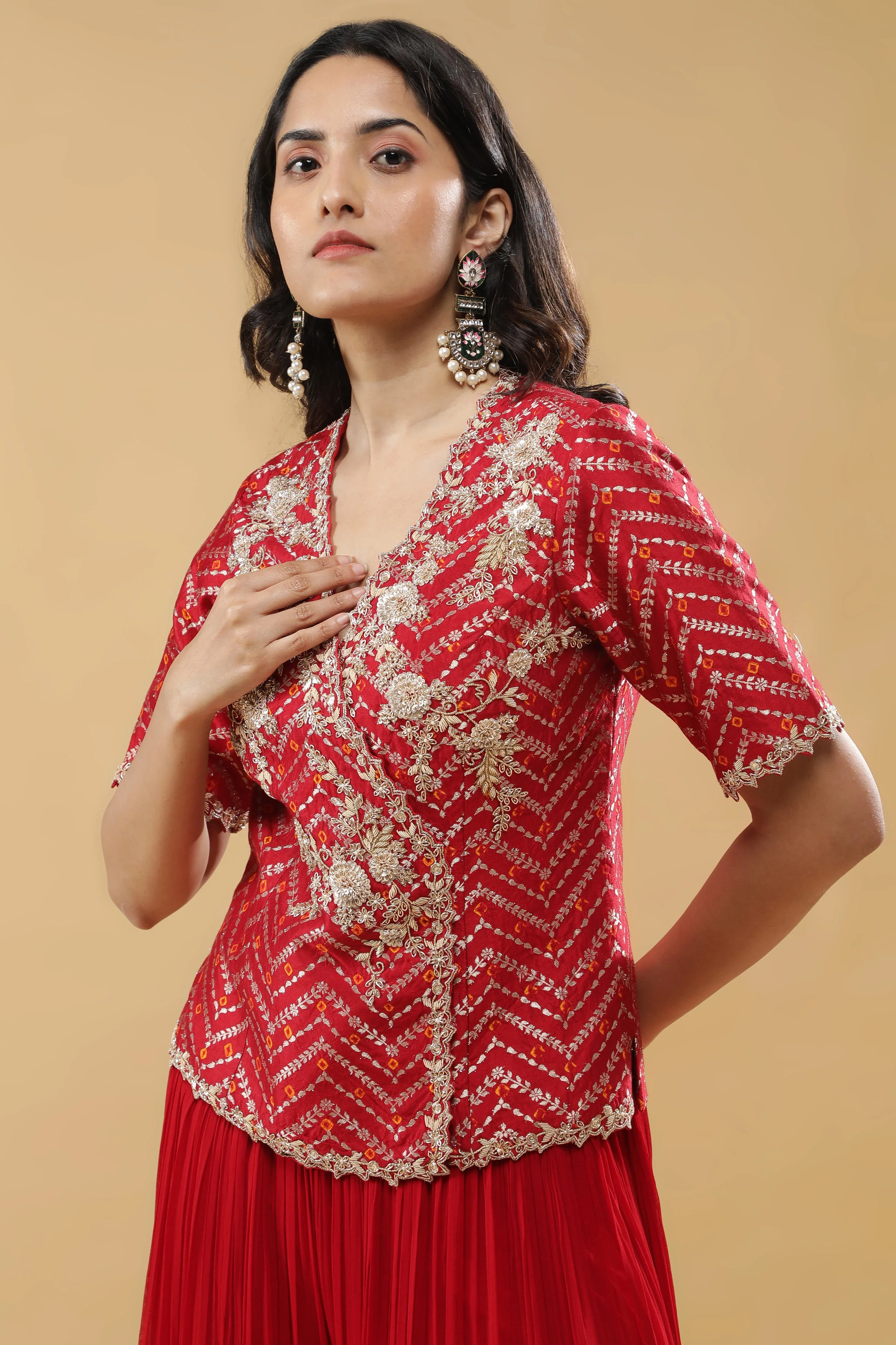 Red Bandhej Silk Peplum Indo-Western - Mokshaa