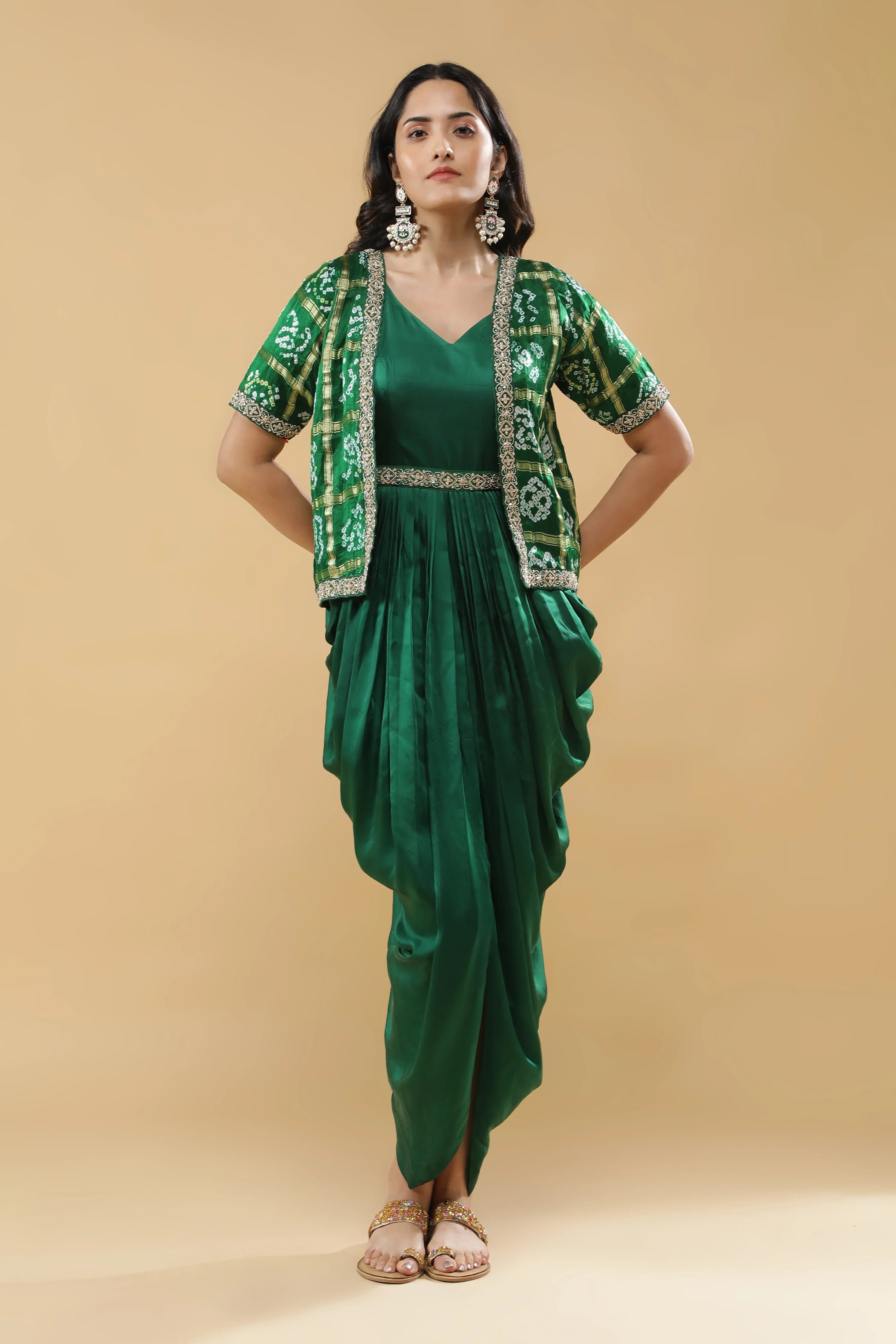 Bottle Green Satin Silk Drape Gown with Bandhej Jacket - Mokshaa