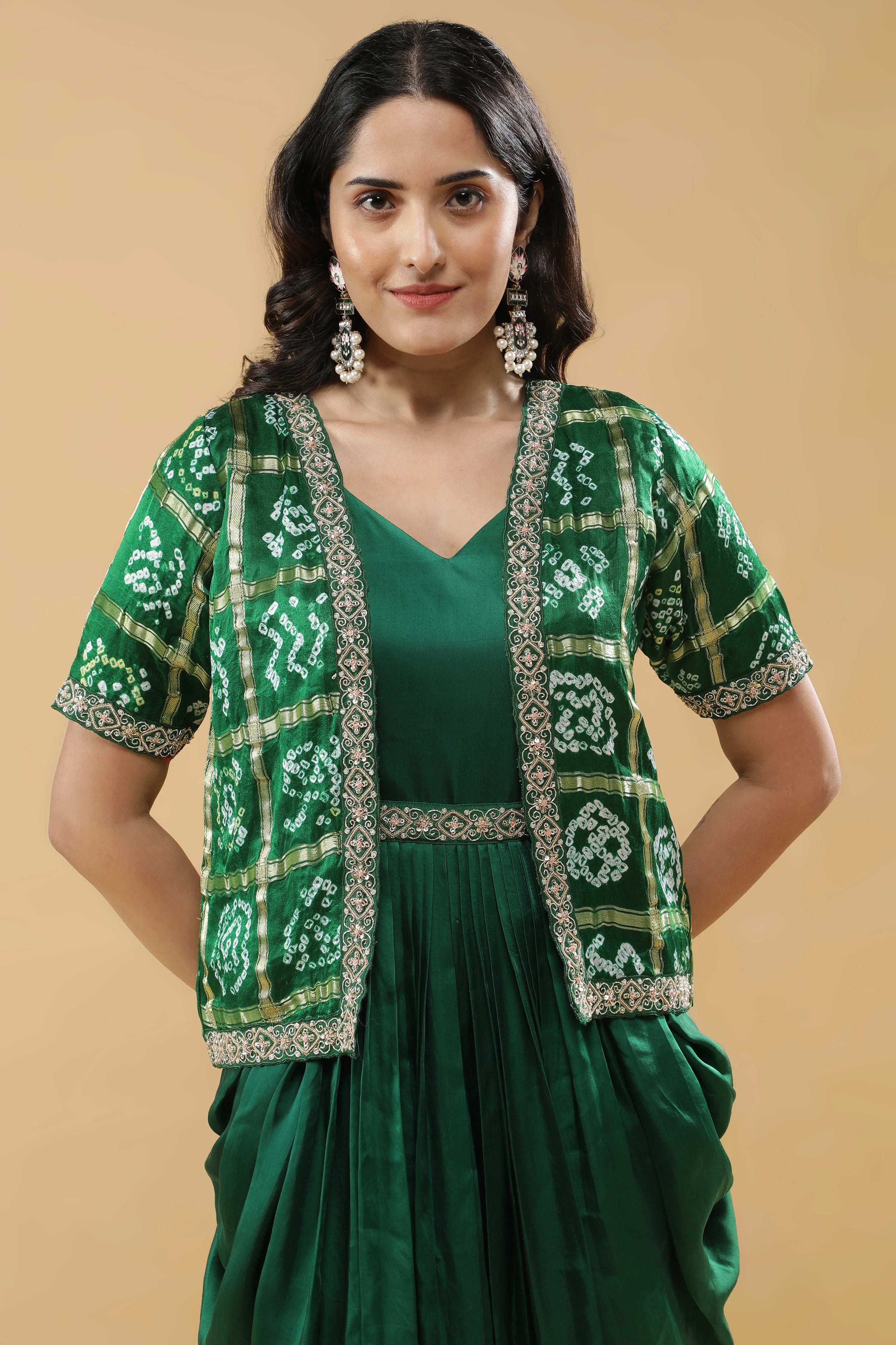 Bottle Green Satin Silk Drape Gown with Bandhej Jacket - Mokshaa