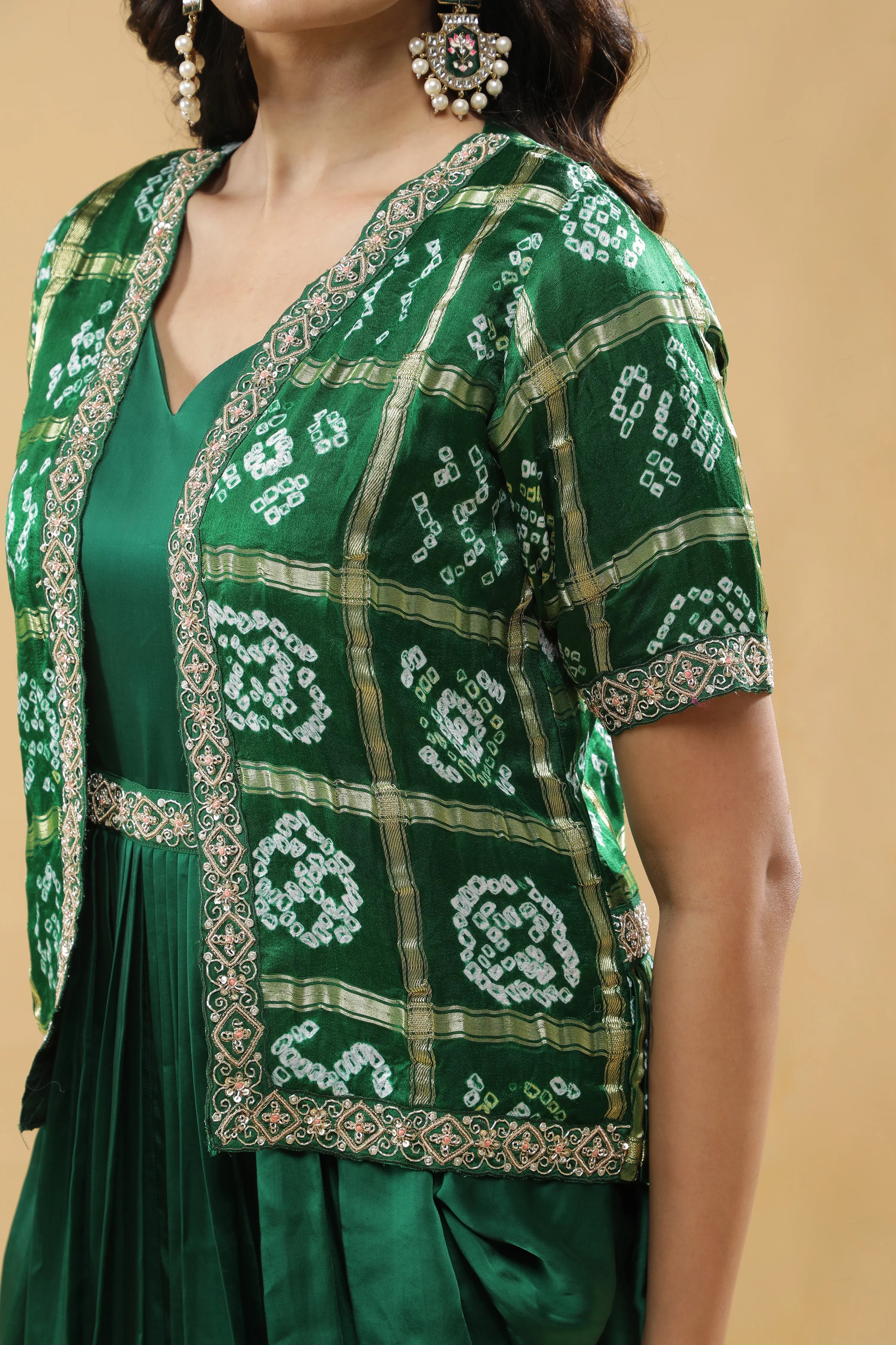 Bottle Green Satin Silk Drape Gown with Bandhej Jacket - Mokshaa
