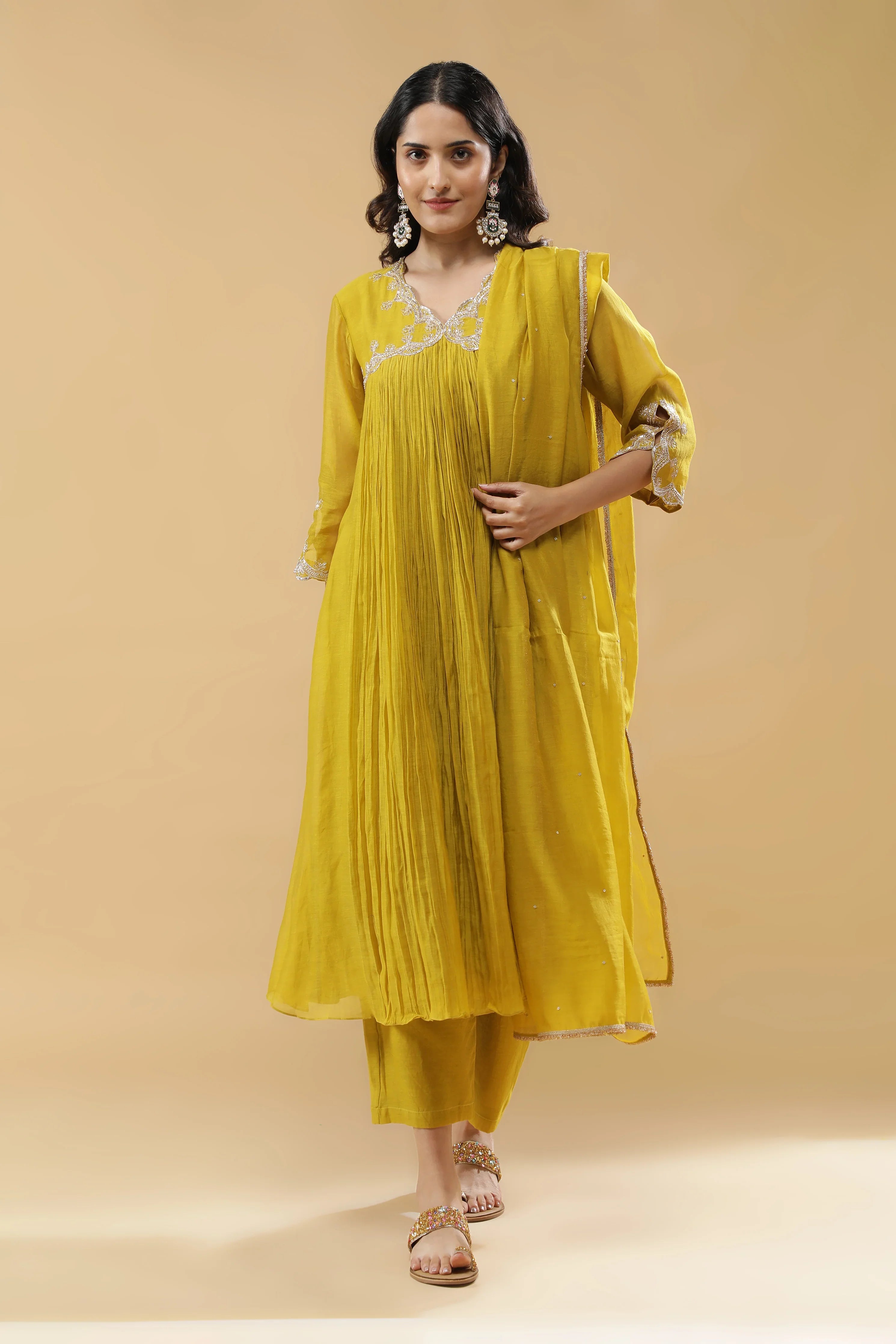 Lime Green Mul Chanderi Anarkali Set - Mokshaa