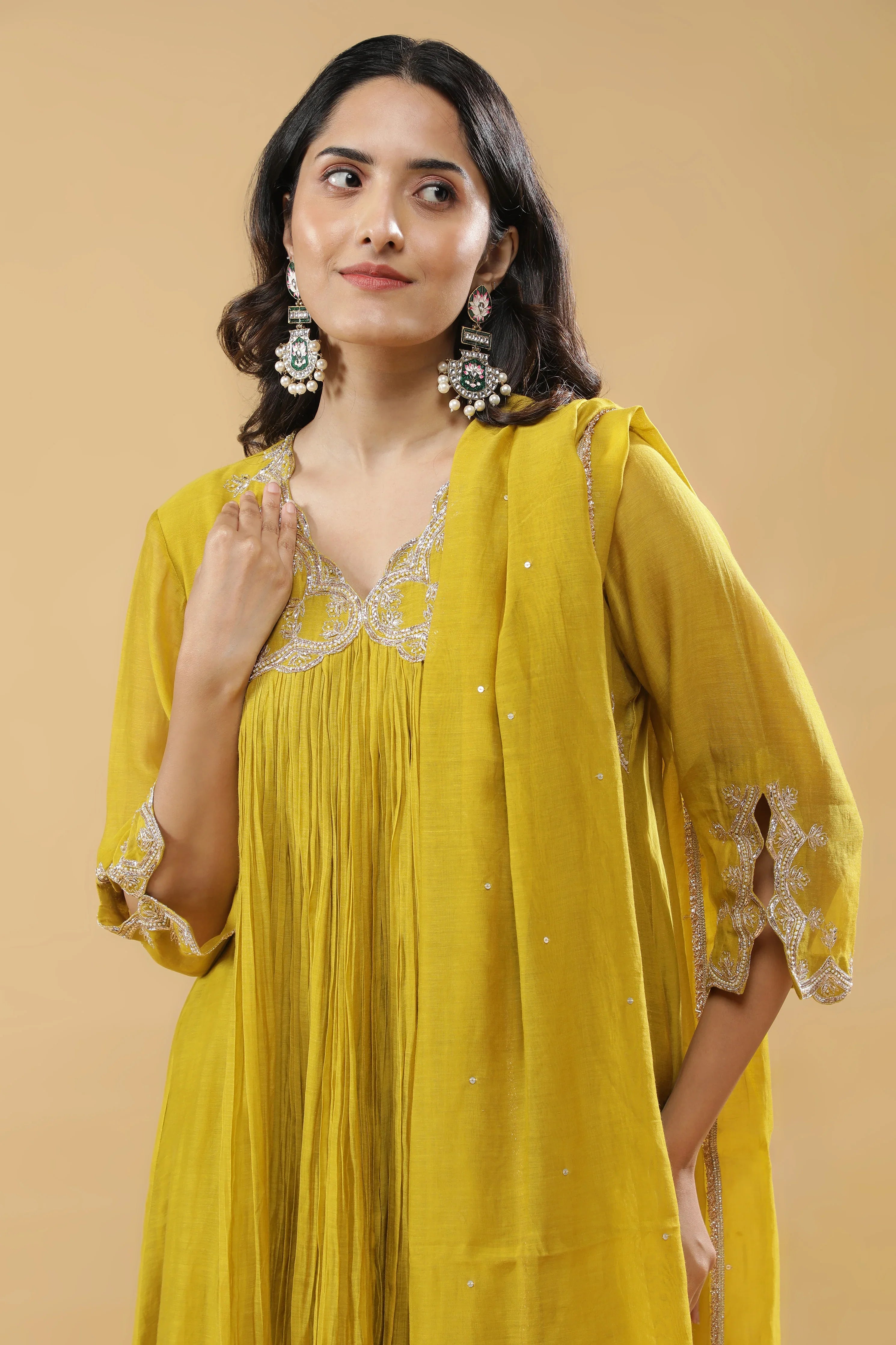 Lime Green Mul Chanderi Anarkali Set - Mokshaa