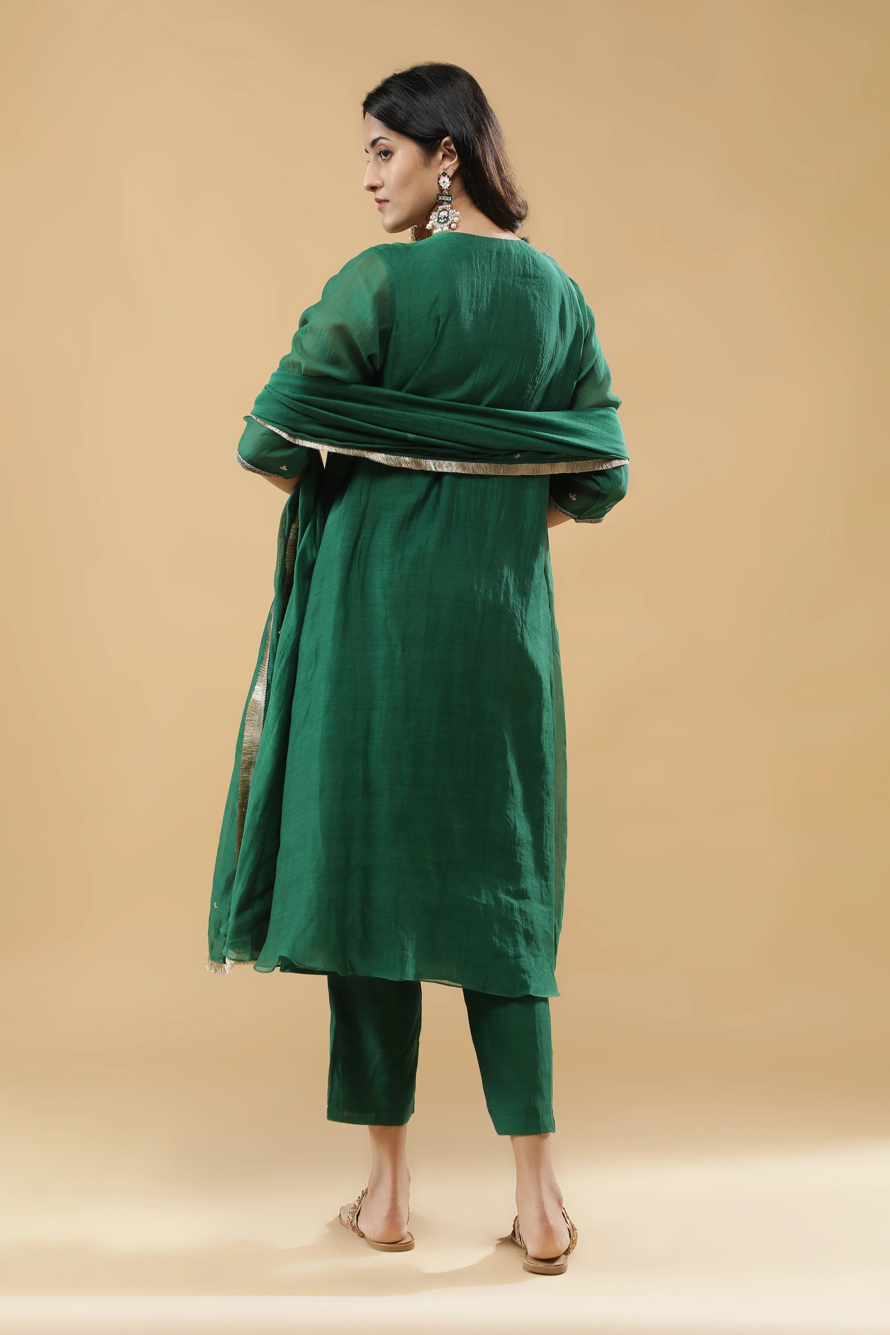 Bottle Green Mul Chanderi Anarkali Set - Mokshaa