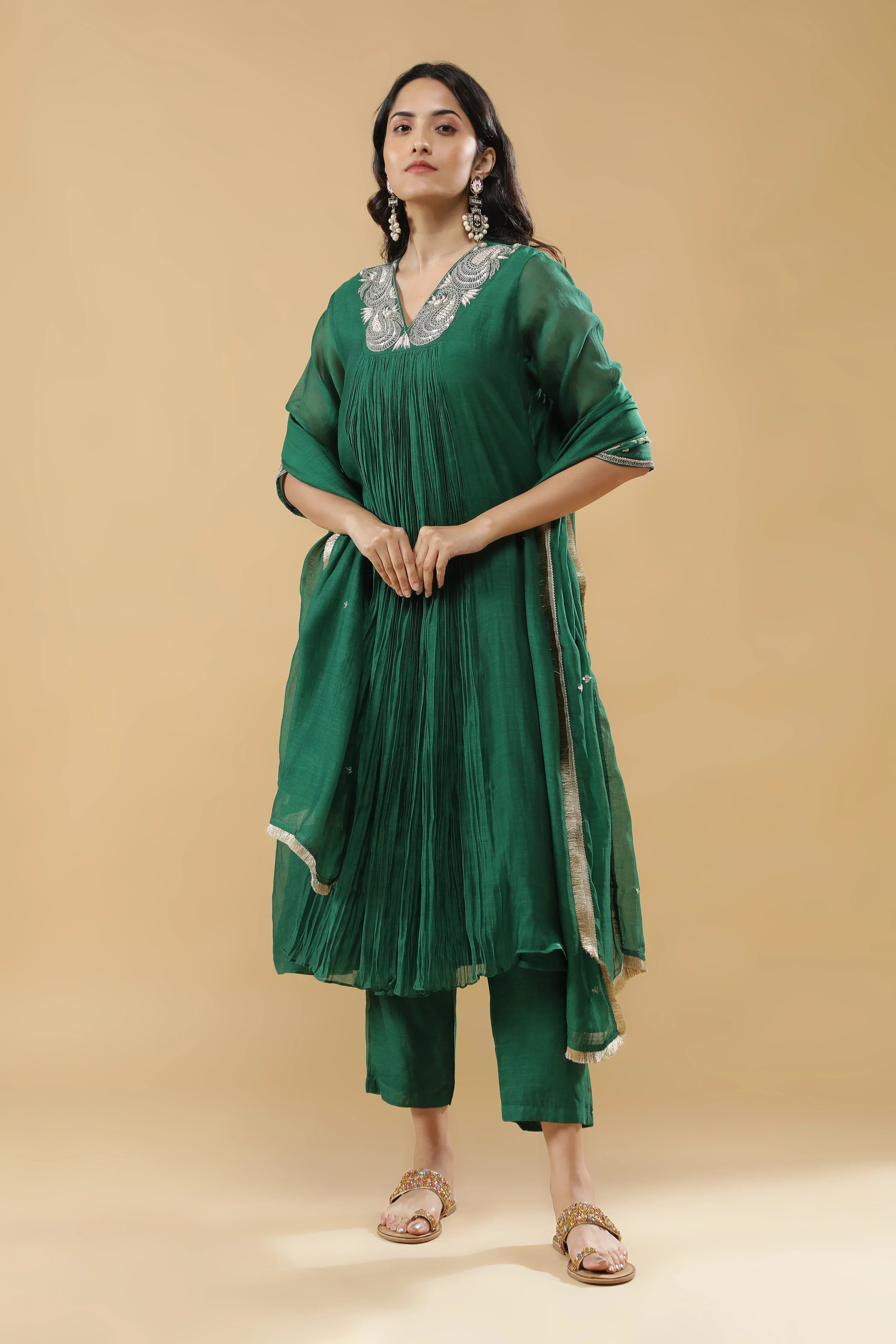 Bottle Green Mul Chanderi Anarkali Set - Mokshaa