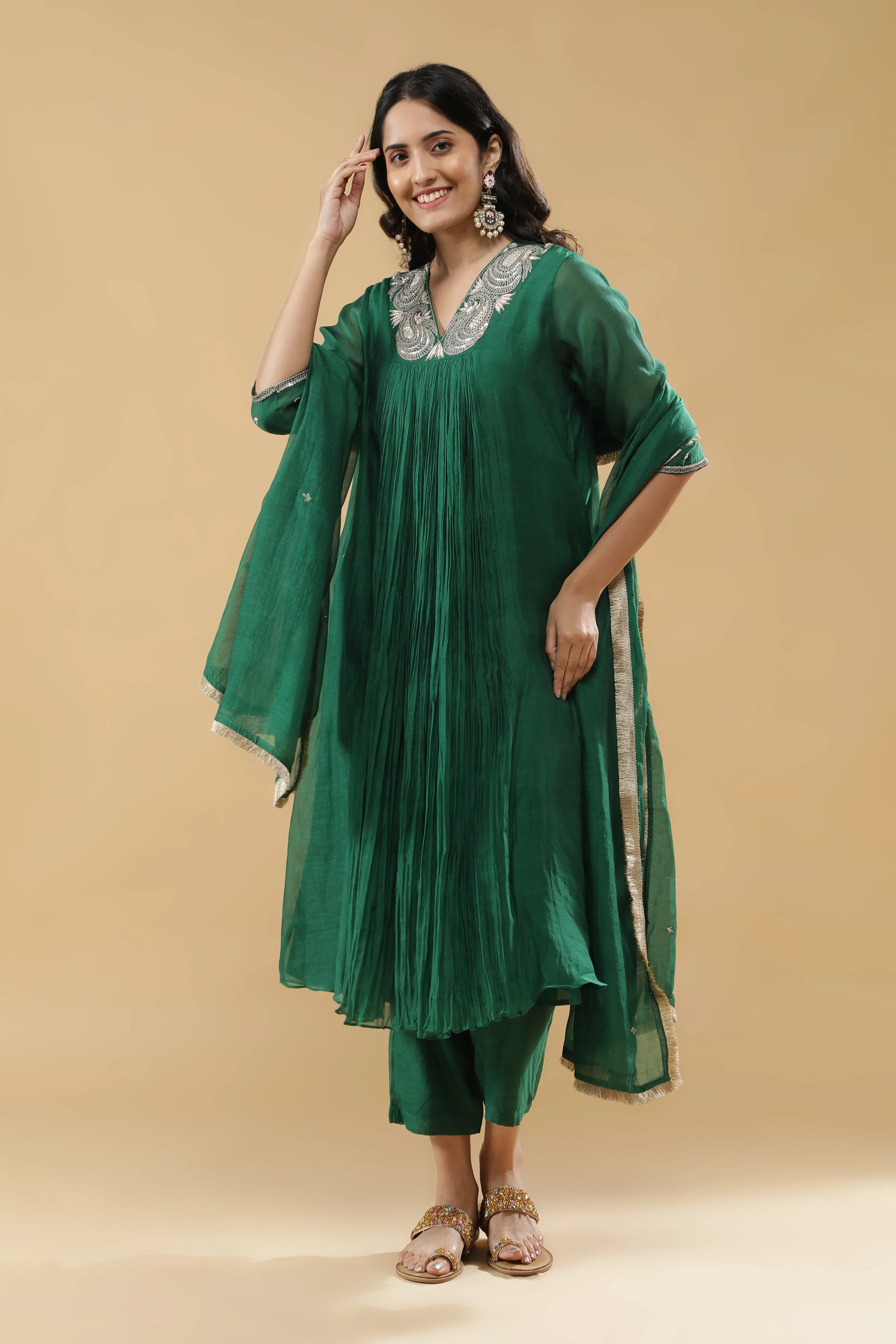 Bottle Green Mul Chanderi Anarkali Set - Mokshaa