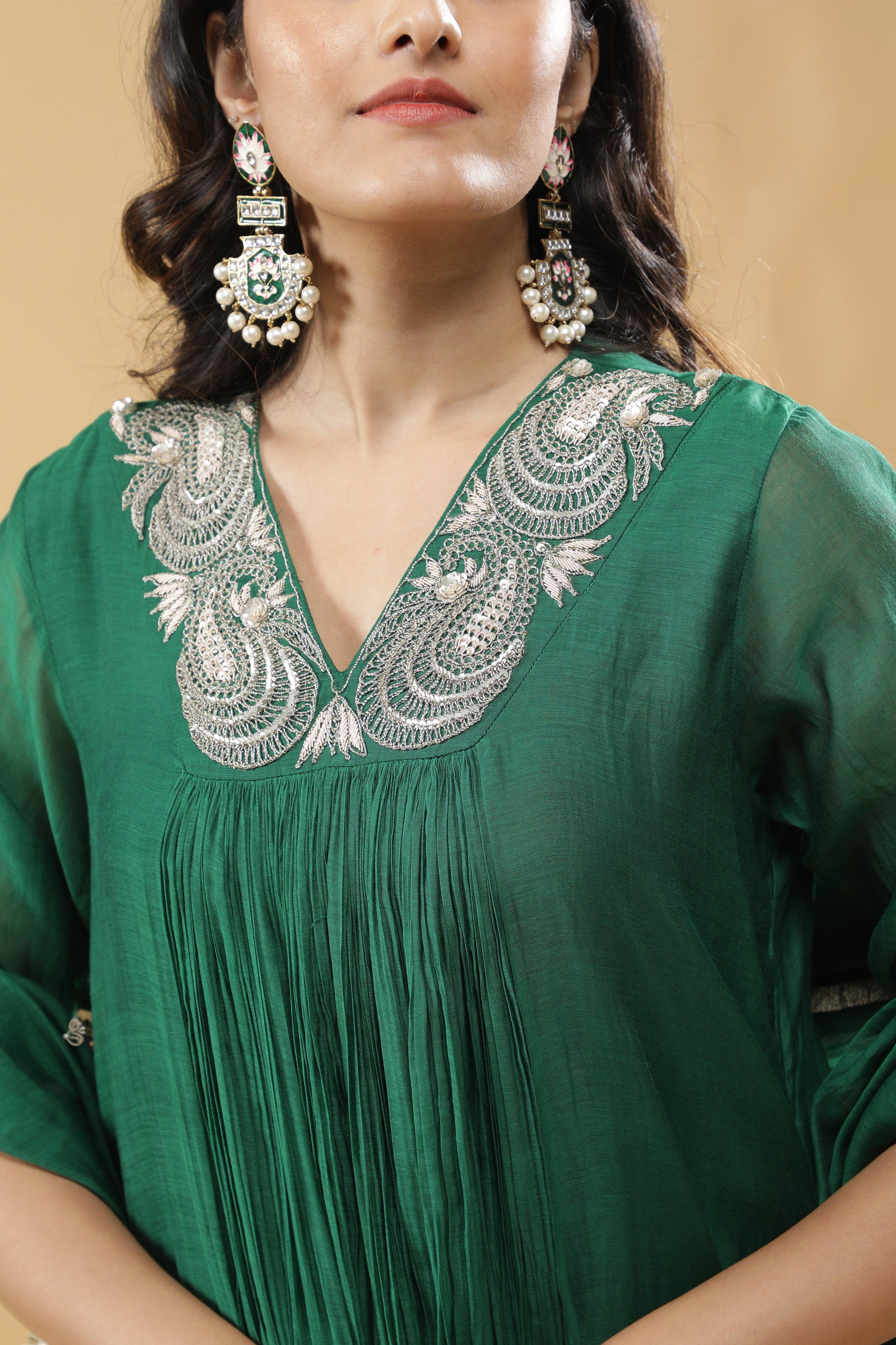 Bottle Green Mul Chanderi Anarkali Set - Mokshaa