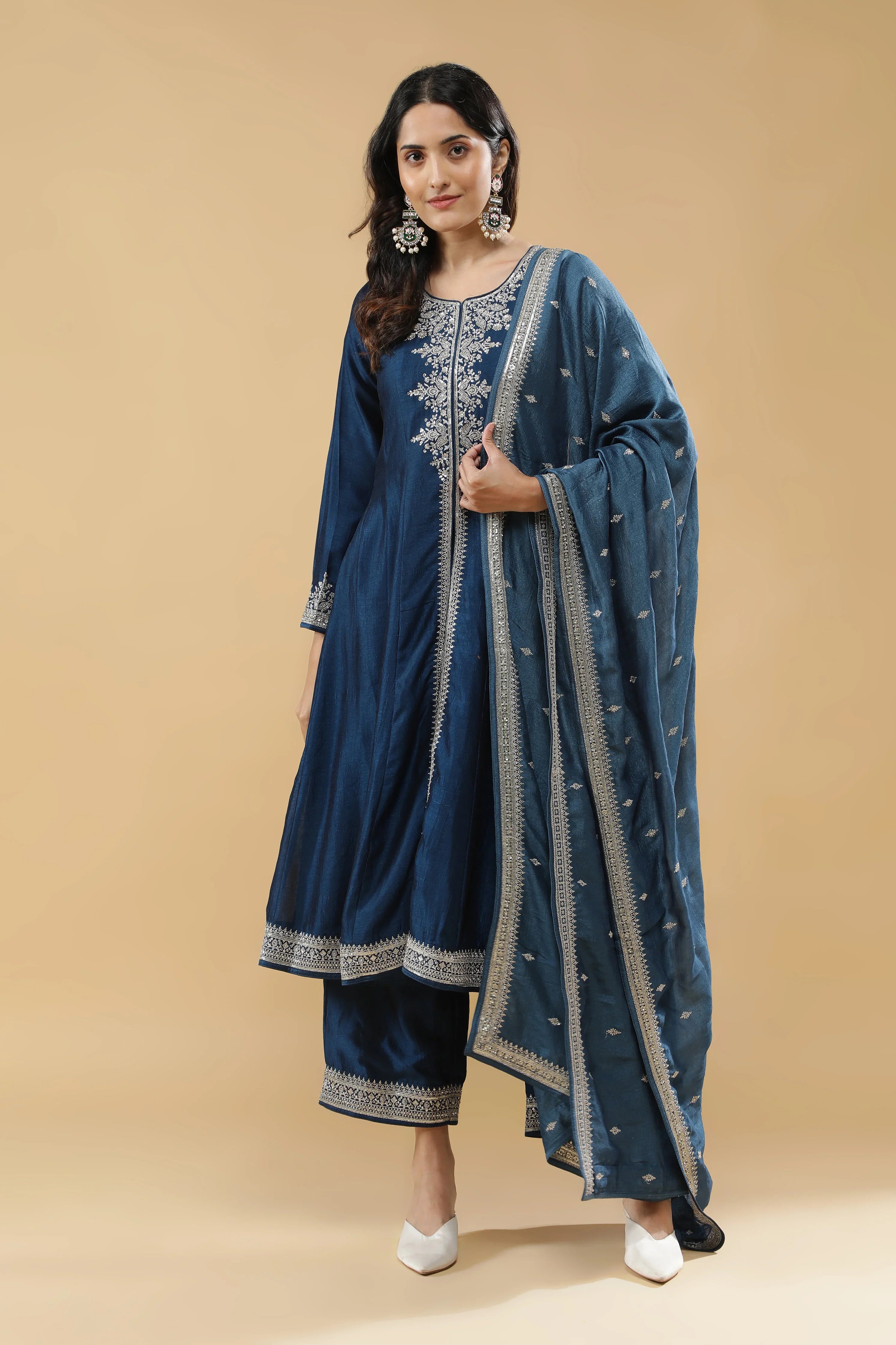 Blue Silk Anarkali Set - Mokshaa