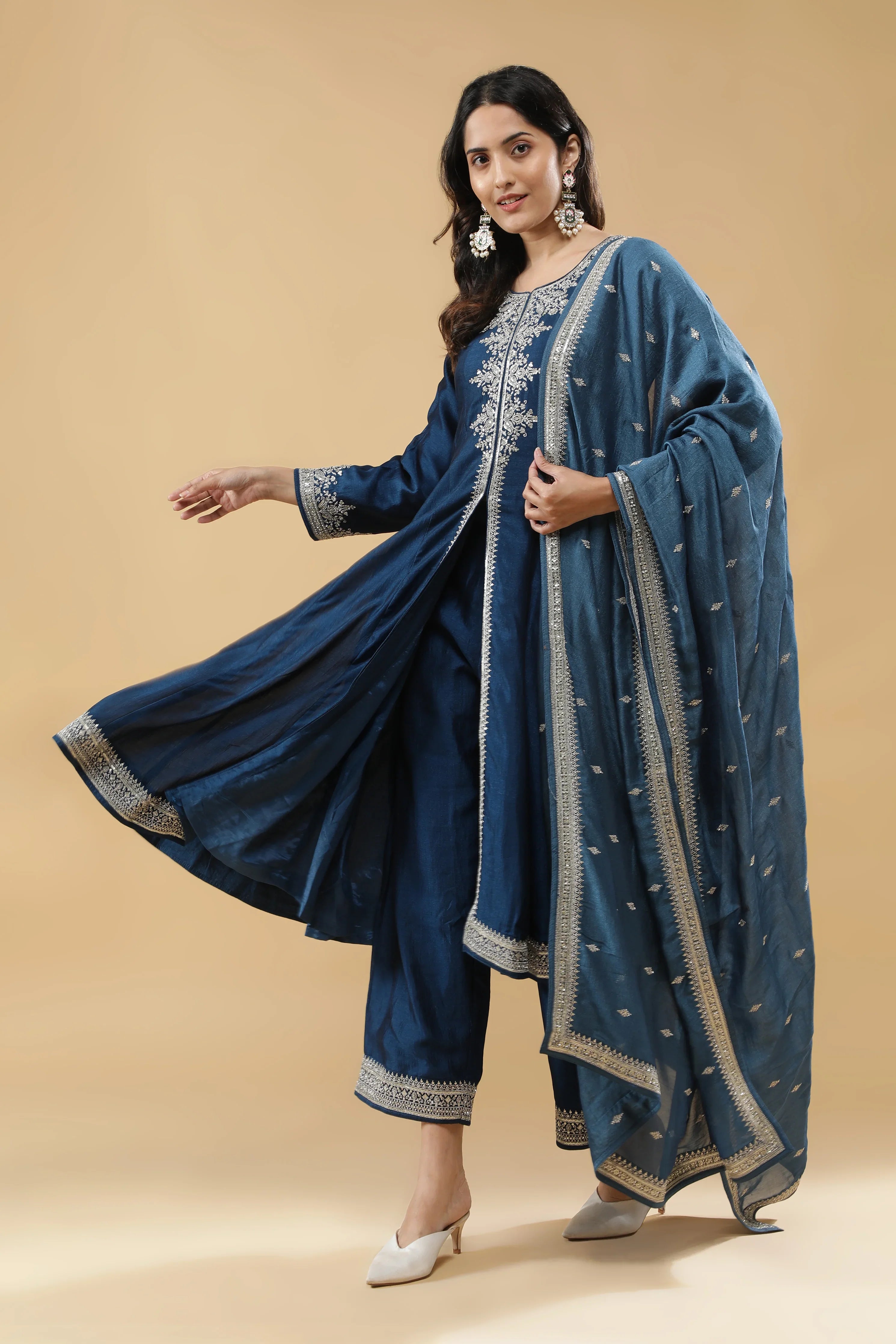 Blue Silk Anarkali Set - Mokshaa