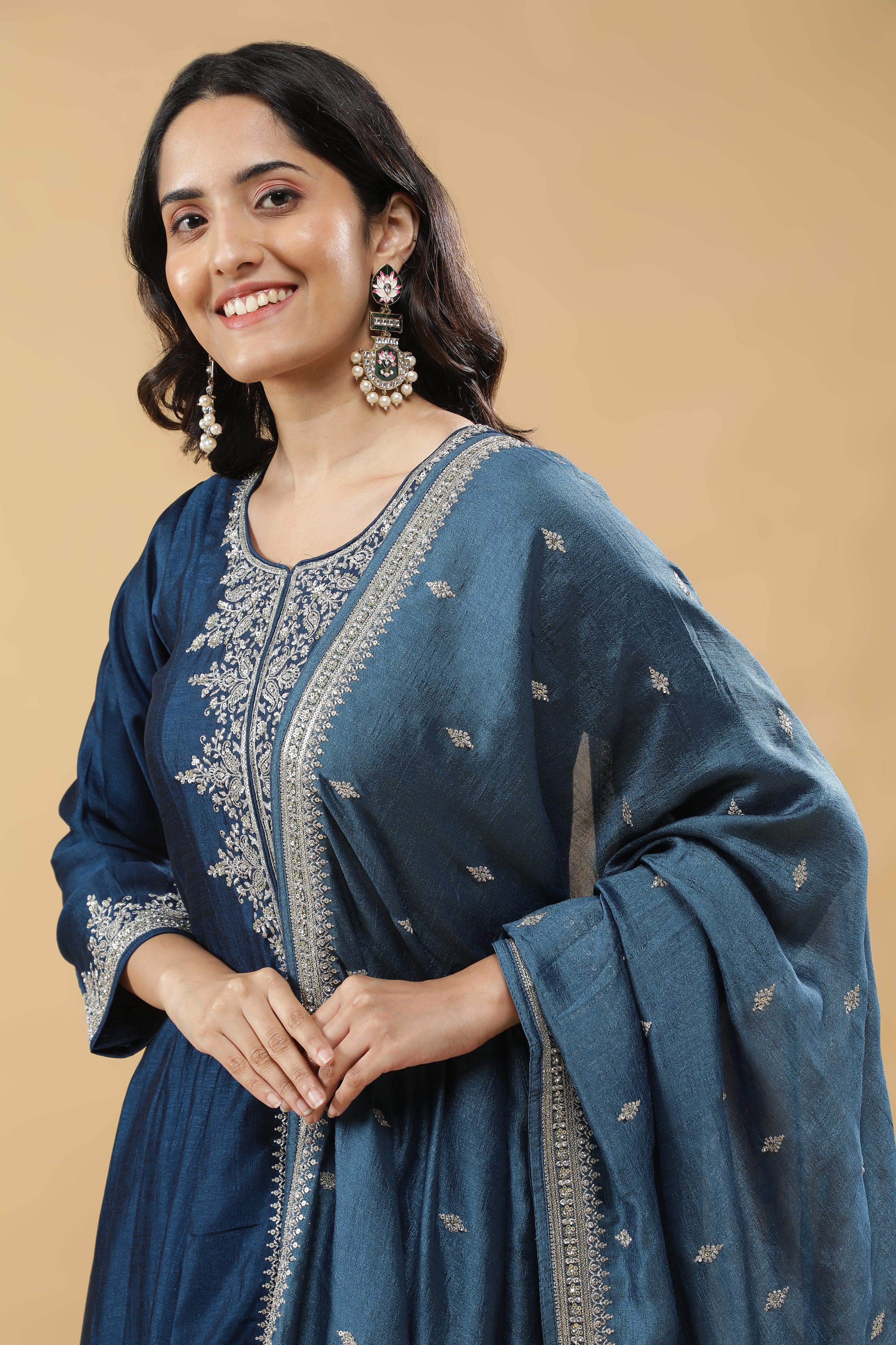Blue Silk Anarkali Set - Mokshaa