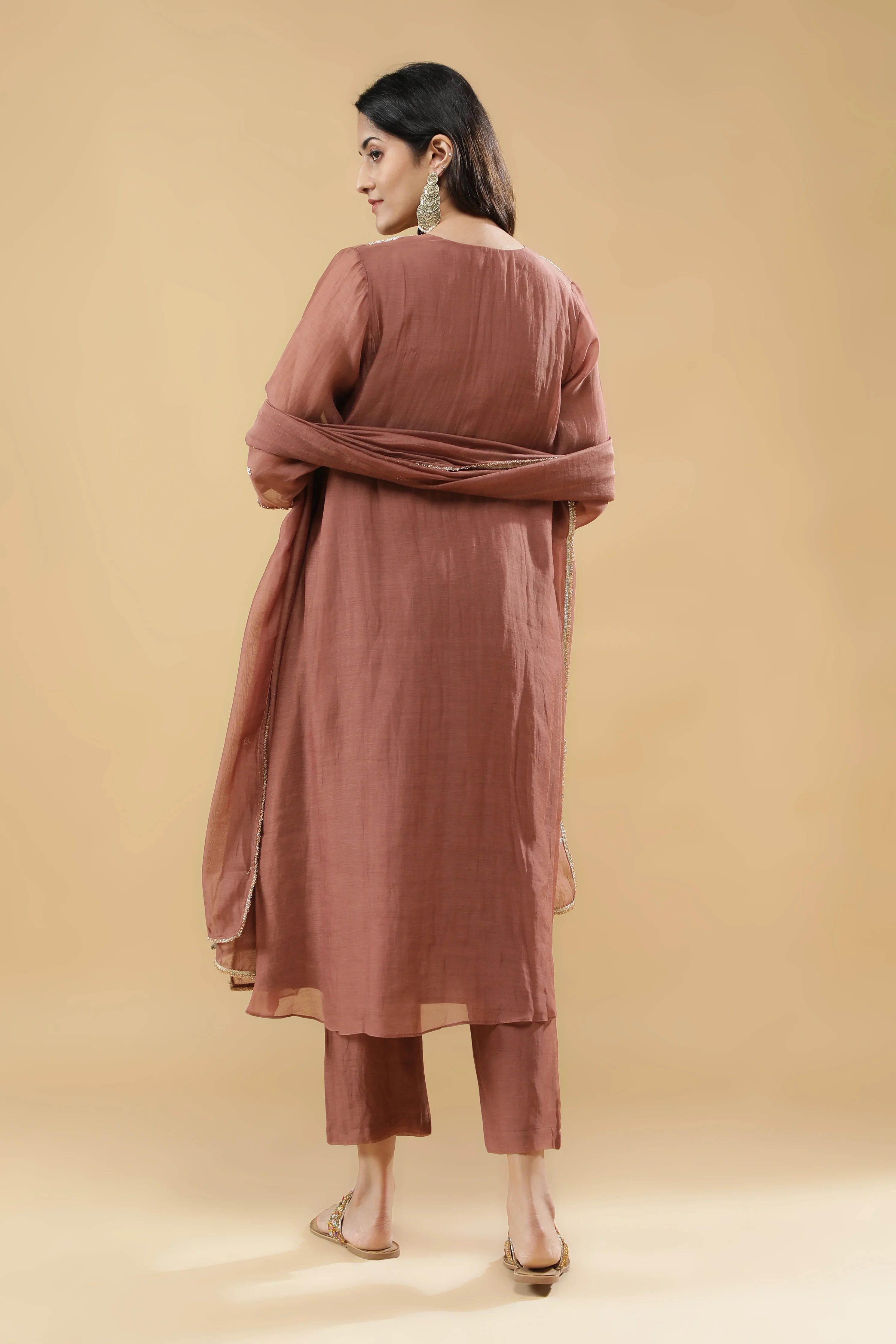 Dusty Rose & Beige Mul Cotton Anarkali Set - Mokshaa
