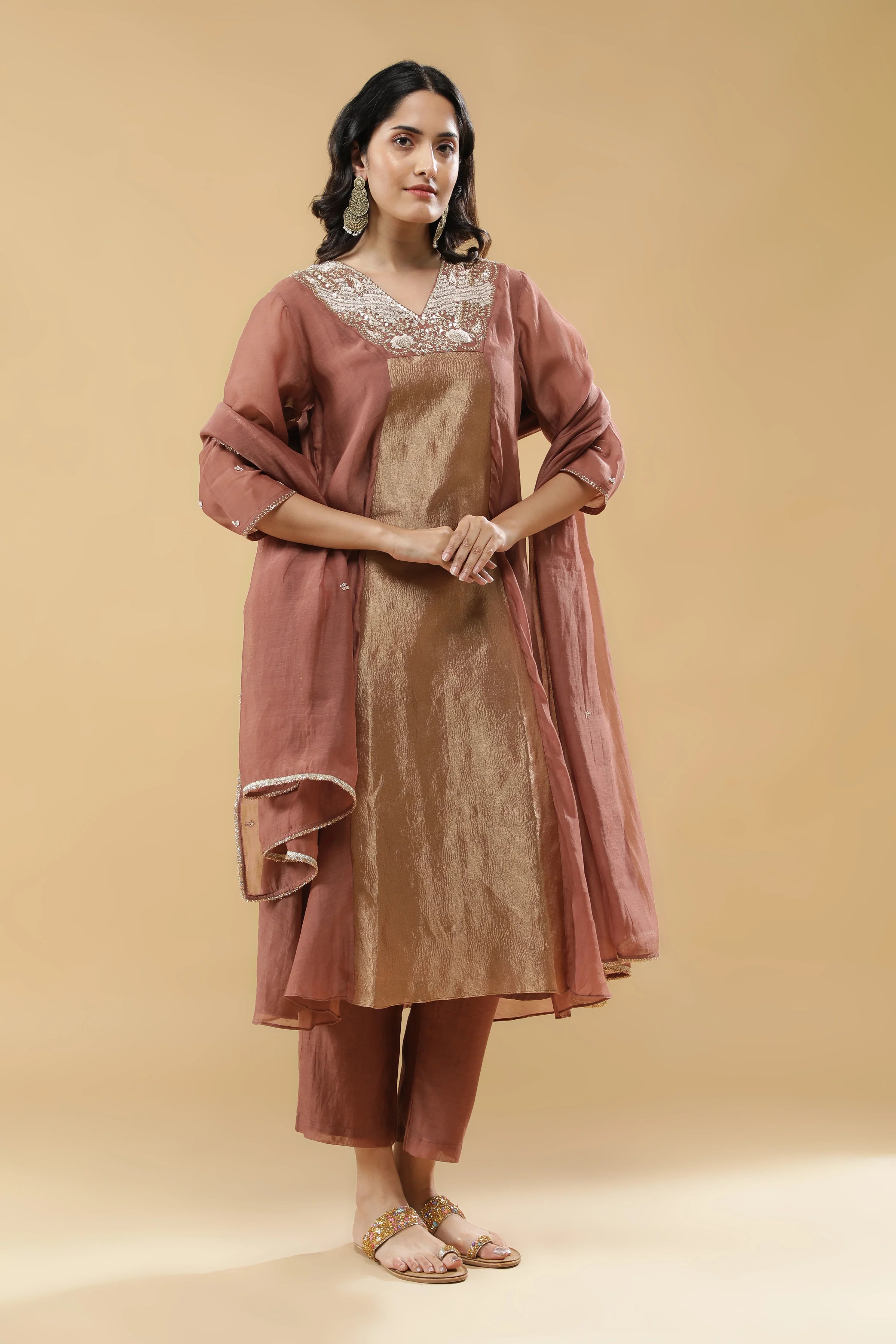 Dusty Rose & Beige Mul Cotton Anarkali Set - Mokshaa