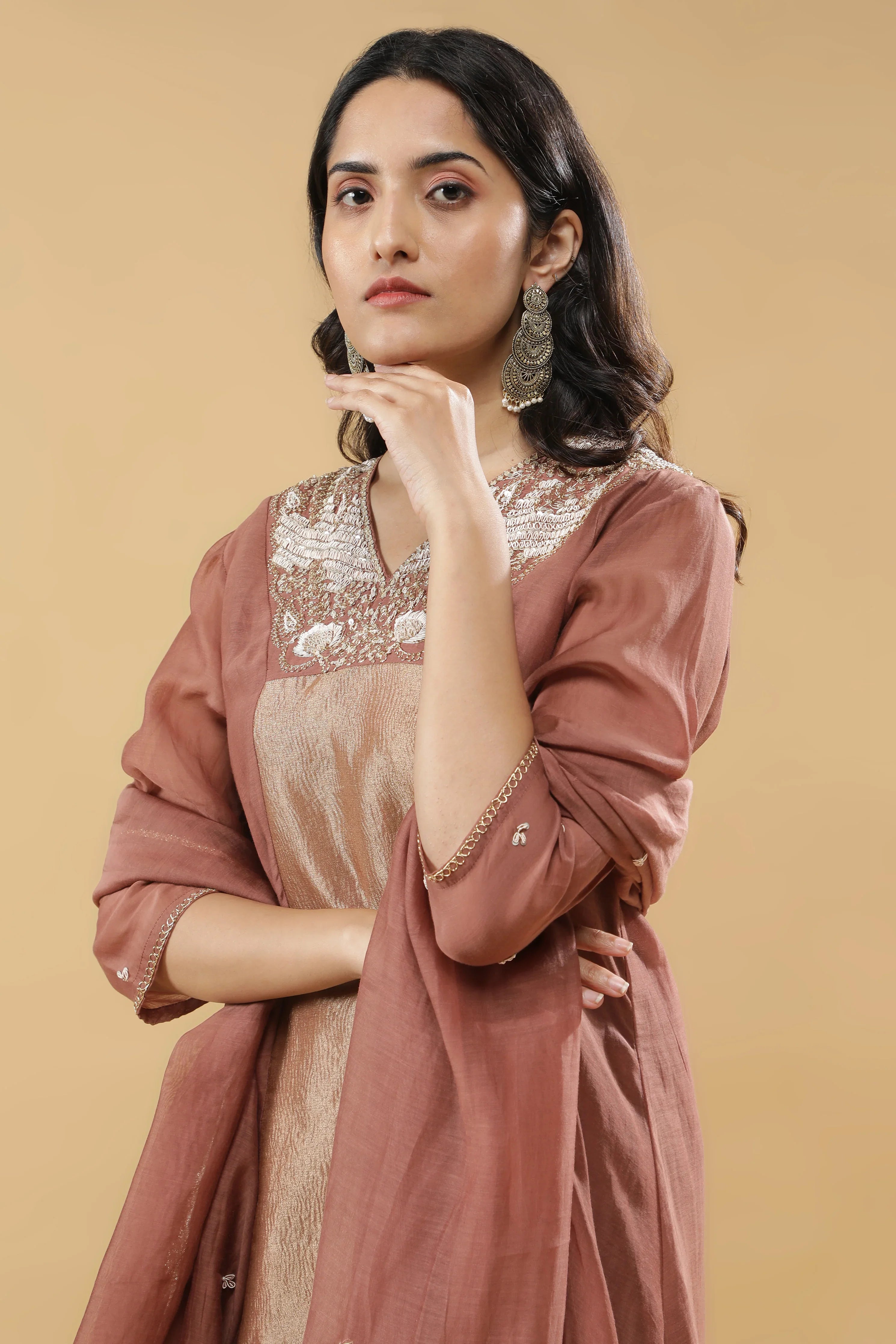 Dusty Rose & Beige Mul Cotton Anarkali Set - Mokshaa