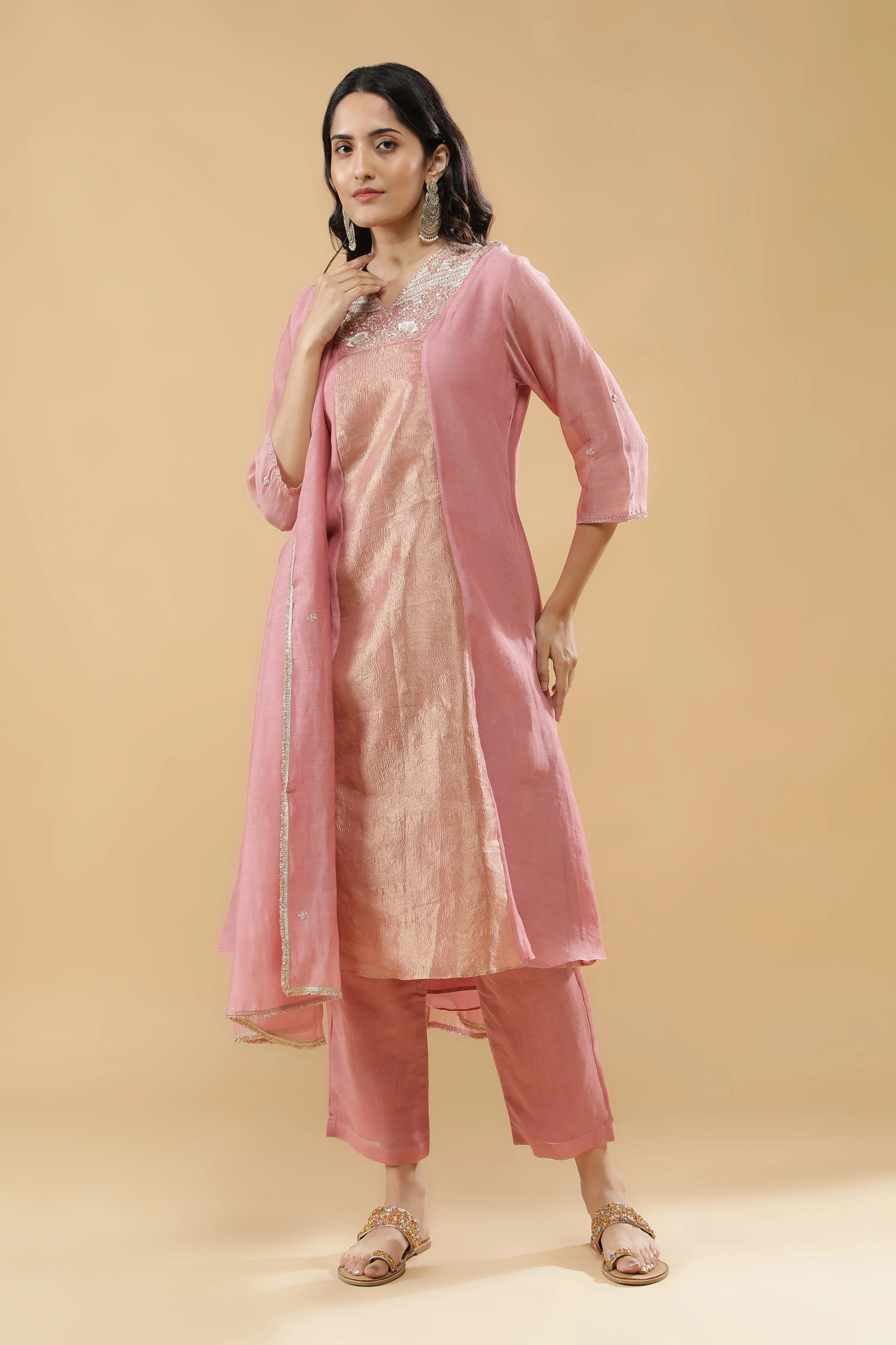 Blush Pink & Golden Anarkali Set - Mokshaa