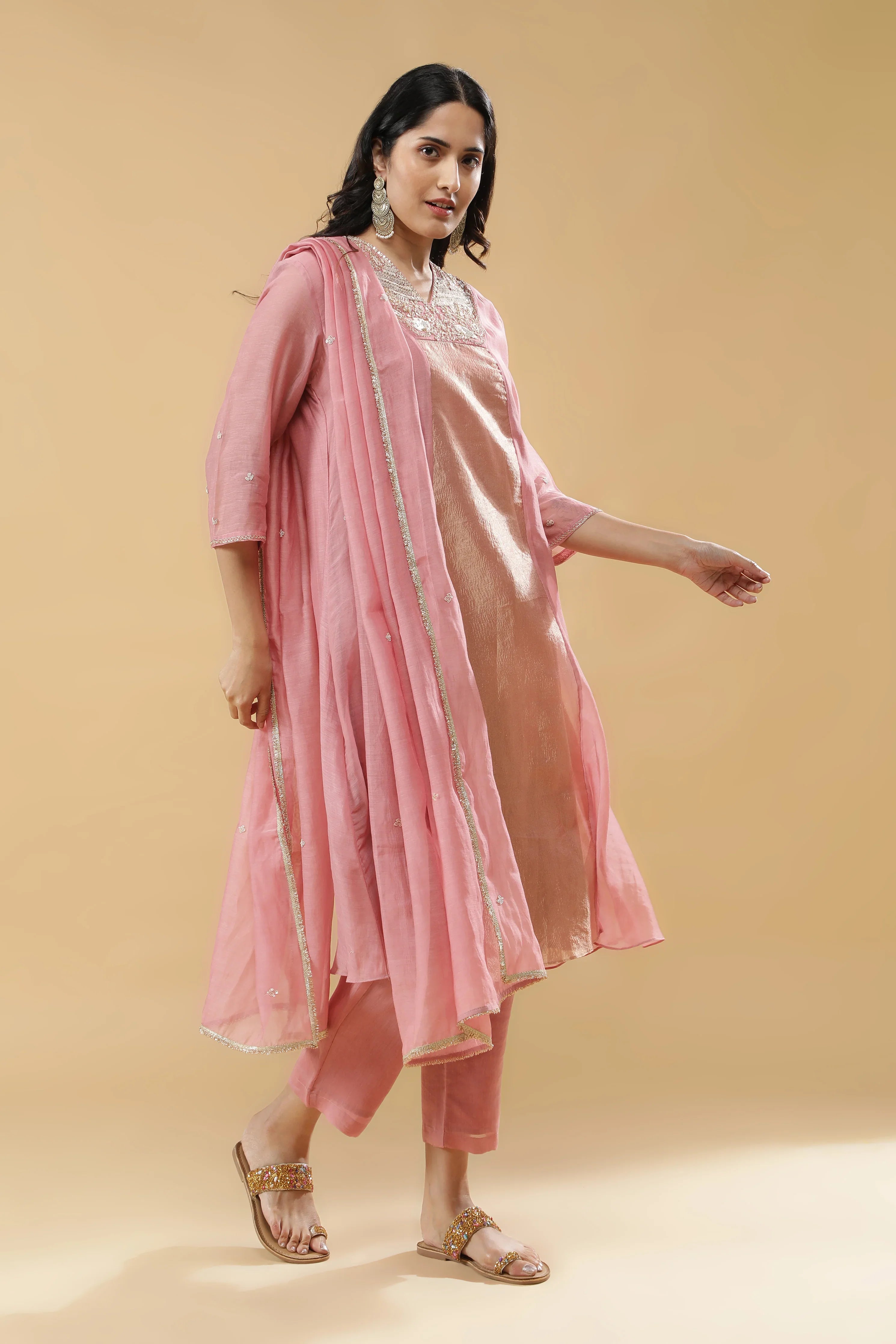Blush Pink & Golden Anarkali Set - Mokshaa