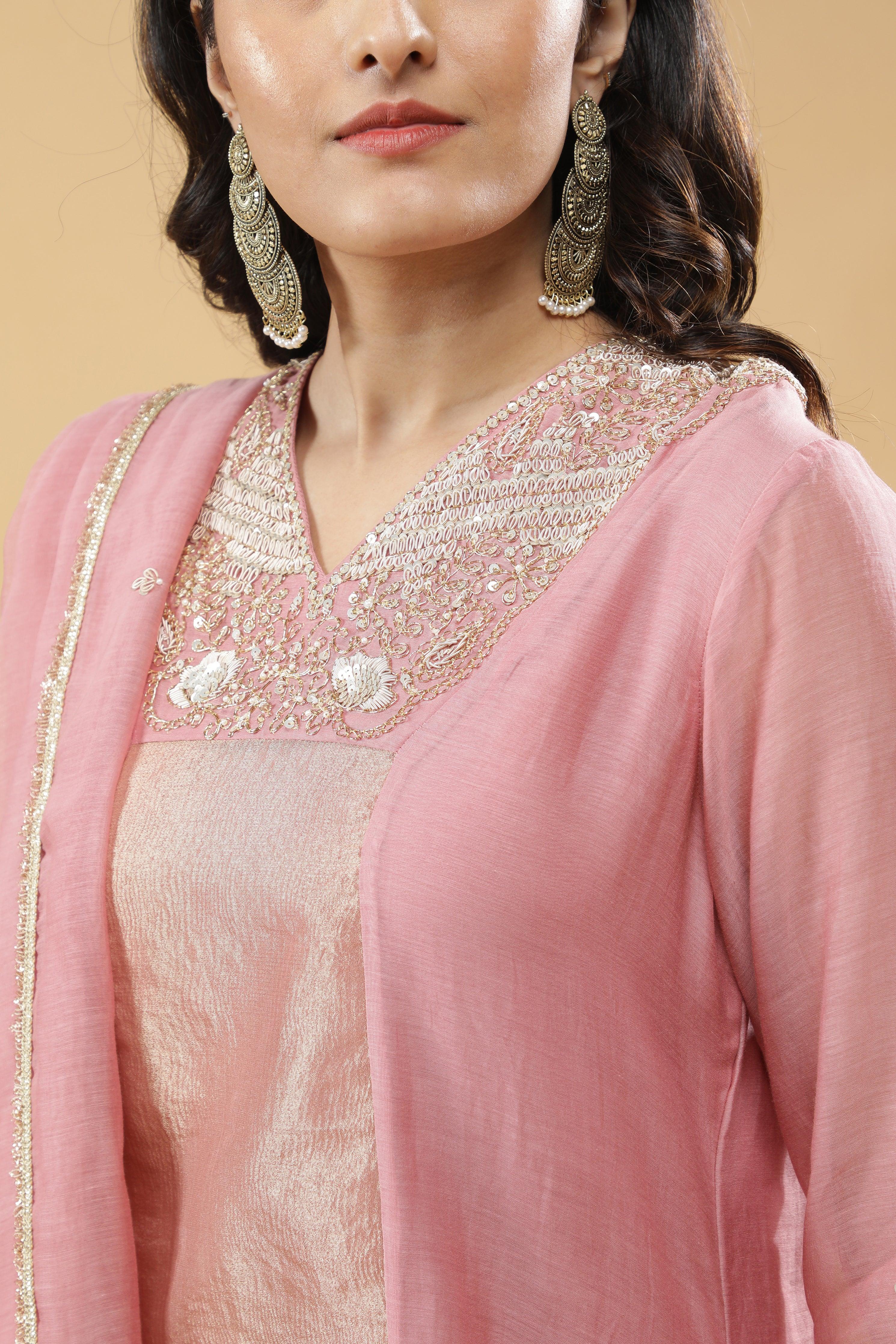 Blush Pink & Golden Anarkali Set - Mokshaa