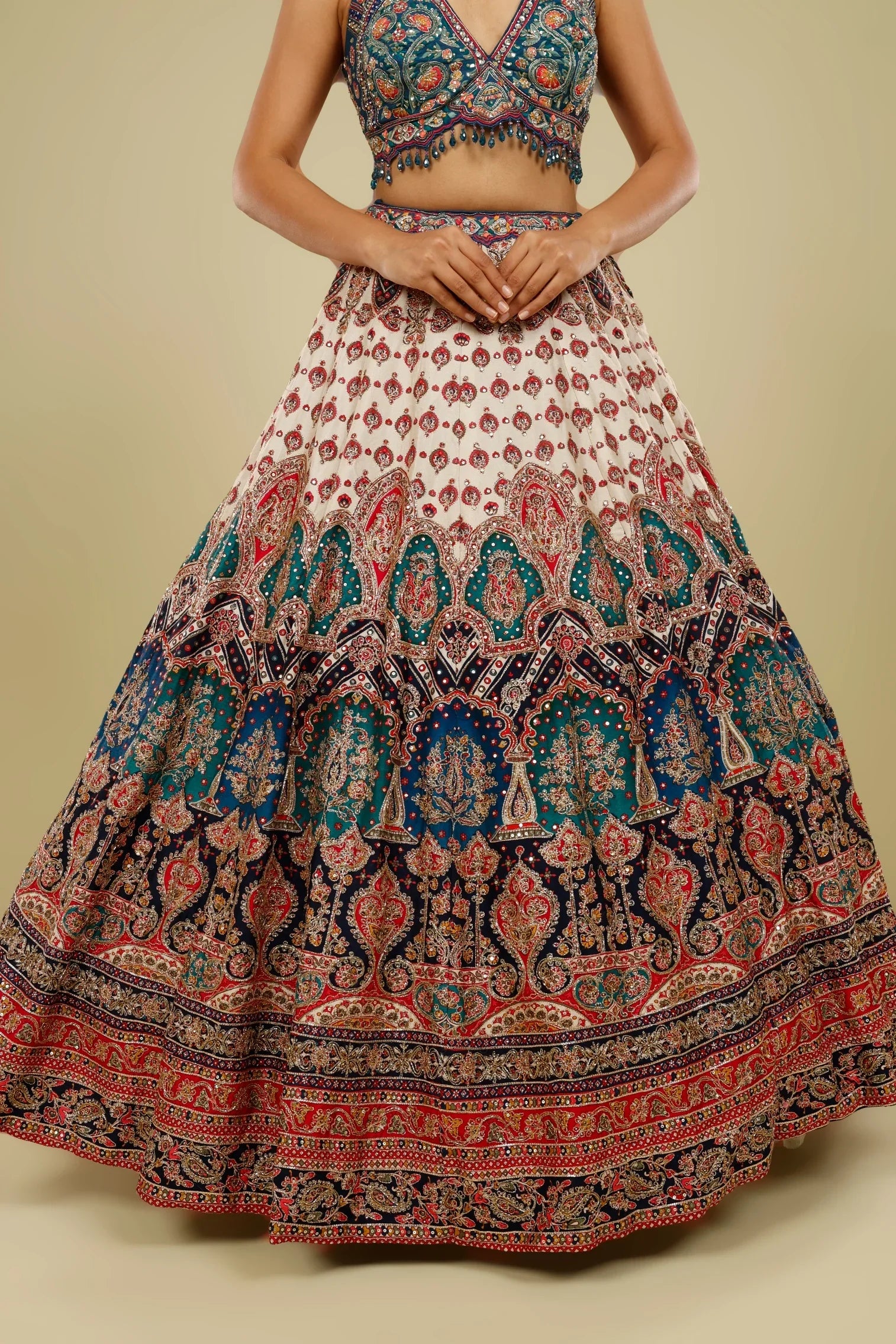 Blue Multicolour Printed Silk Lehenga Set with Zari, Sequin & Cutdana Highlights - Mokshaa
