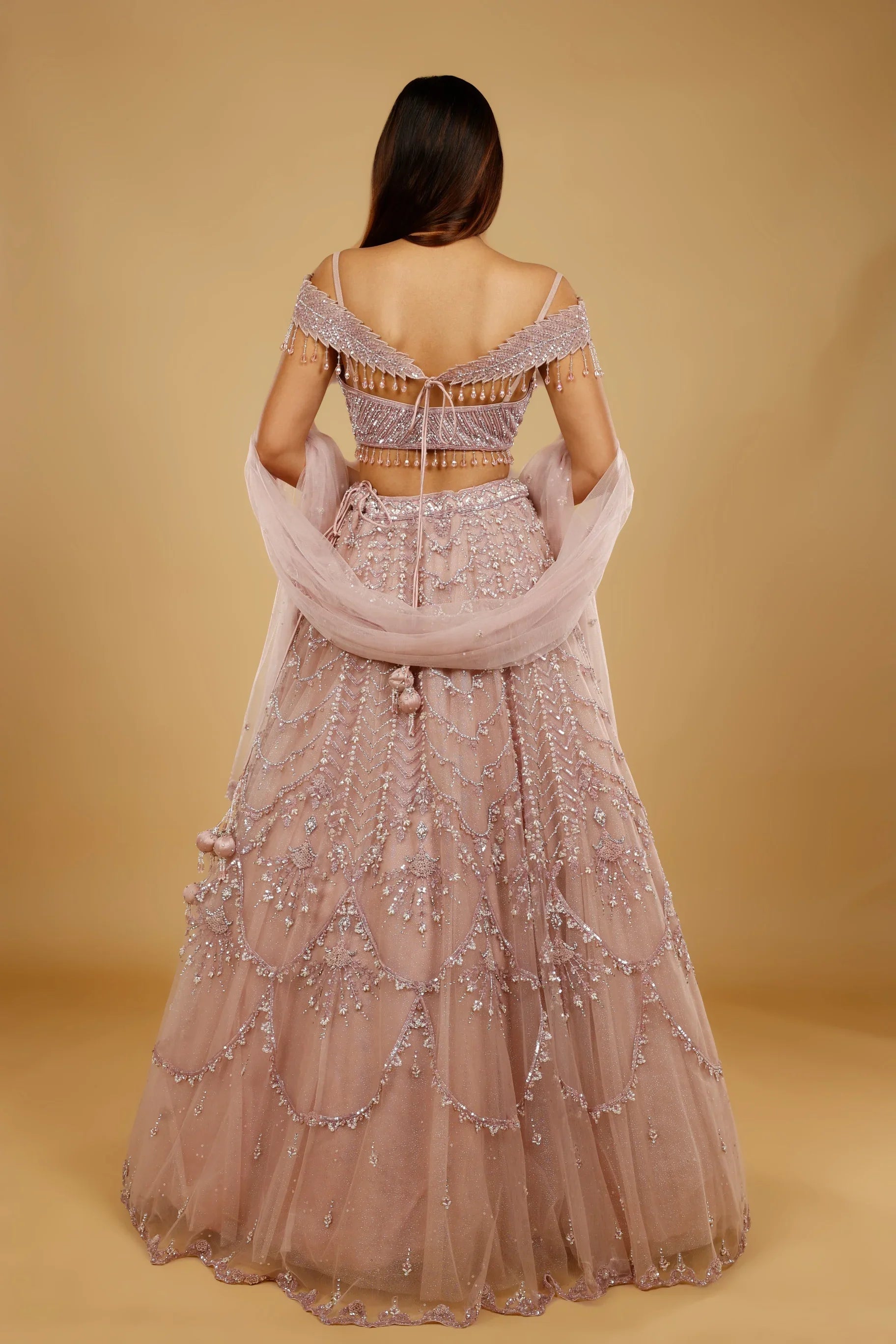 Mauve Net Lehenga Set with Sequin, Pearl & Cutdana Embroidery - Mokshaa