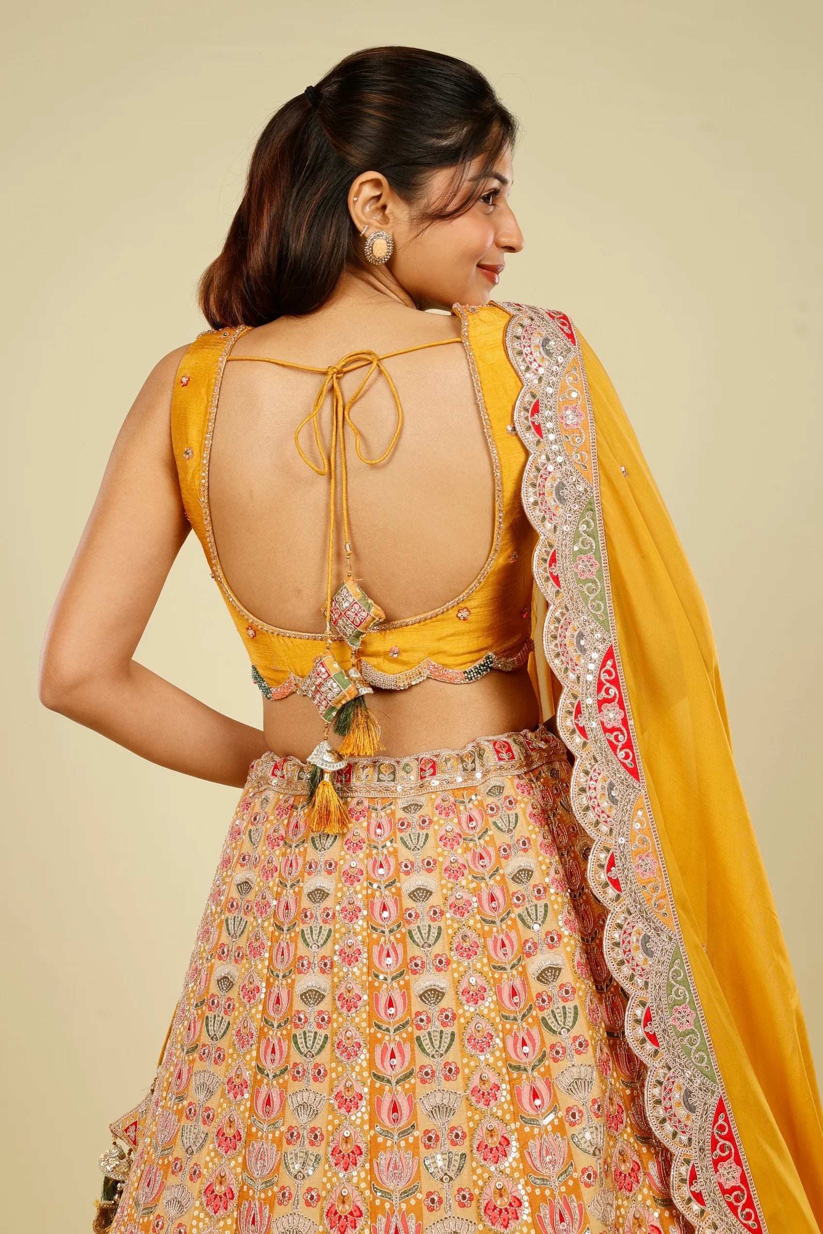 Yellow Printed Silk Lehenga Set with Zari & Sequin Embroidery - Mokshaa