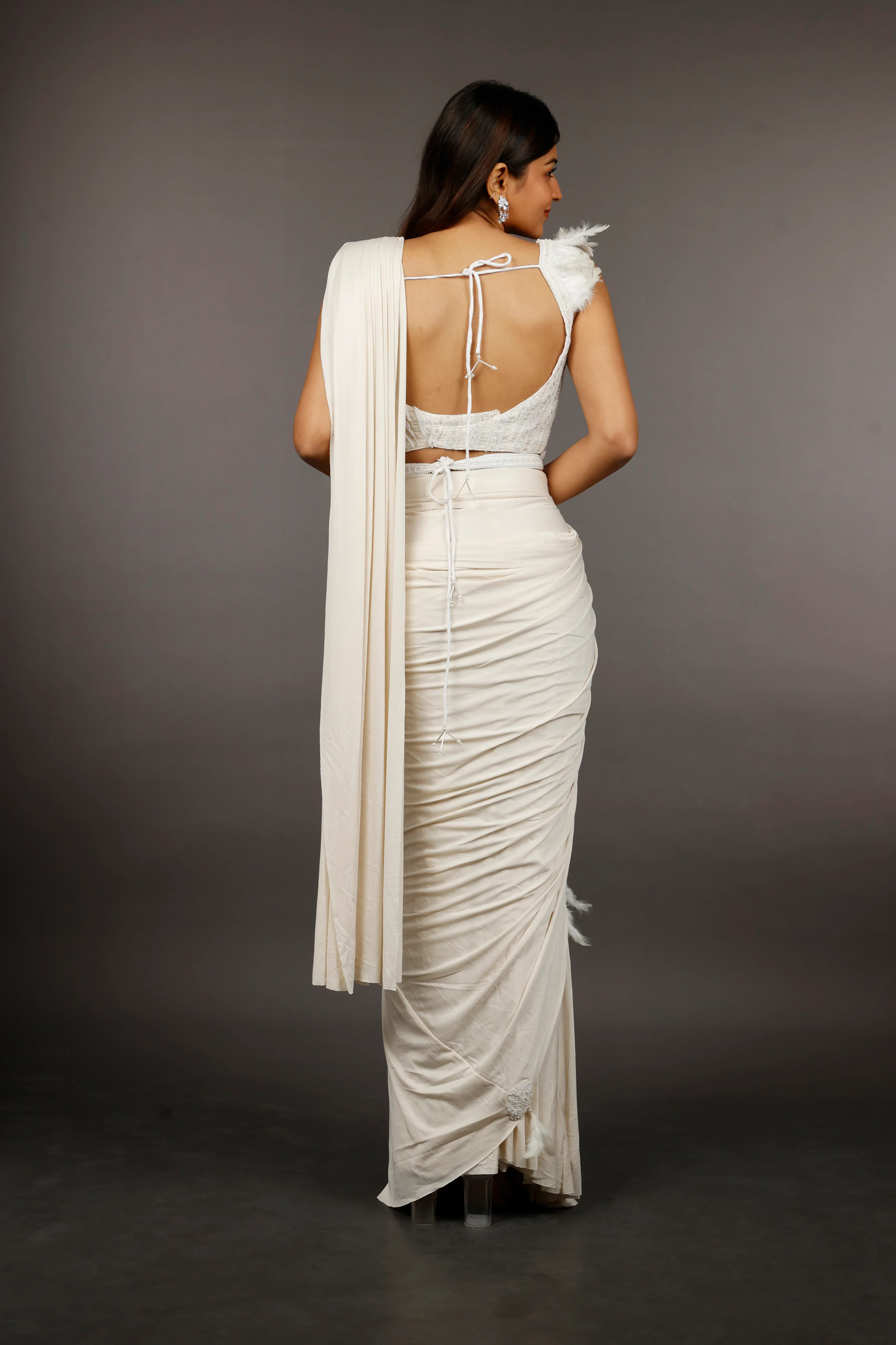 Ivory Lycra Silk Drape Saree with Feather and Pearl Embroidery - Mokshaa