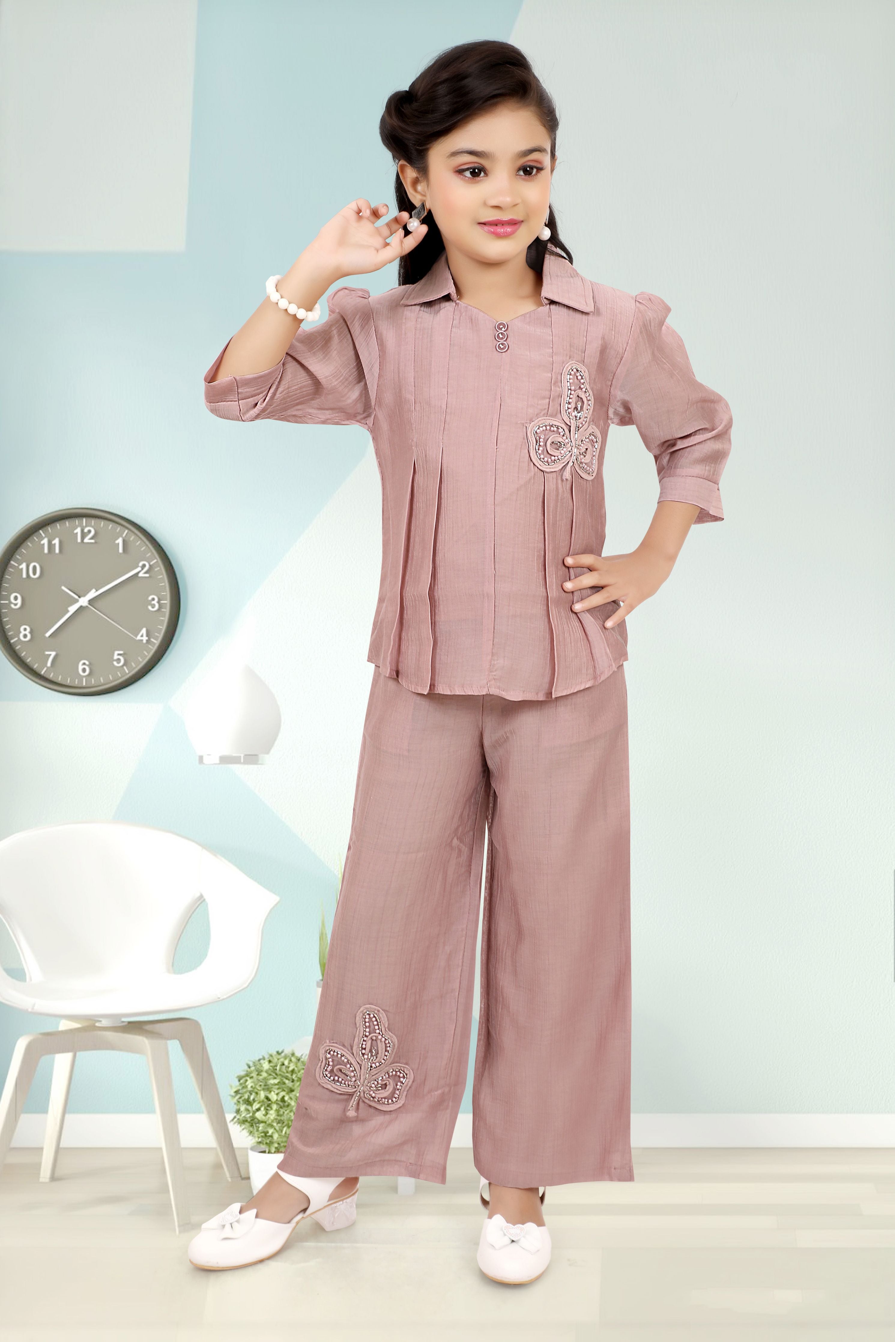 Mauve Appliqué Pleated Top with Palazzo Pants for Girls