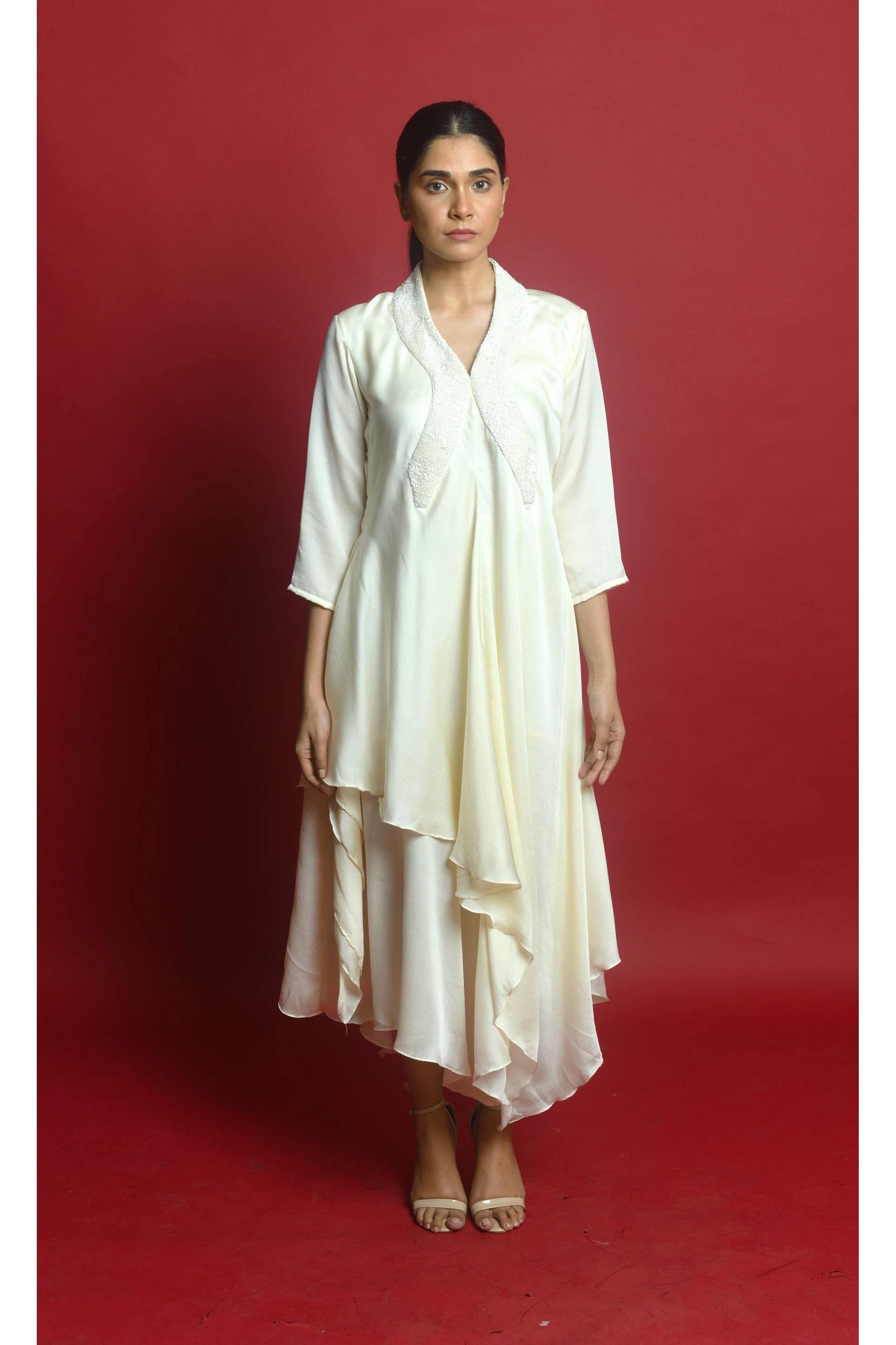 Ivory Asymmetric Dress with Textured Embellished Neckline