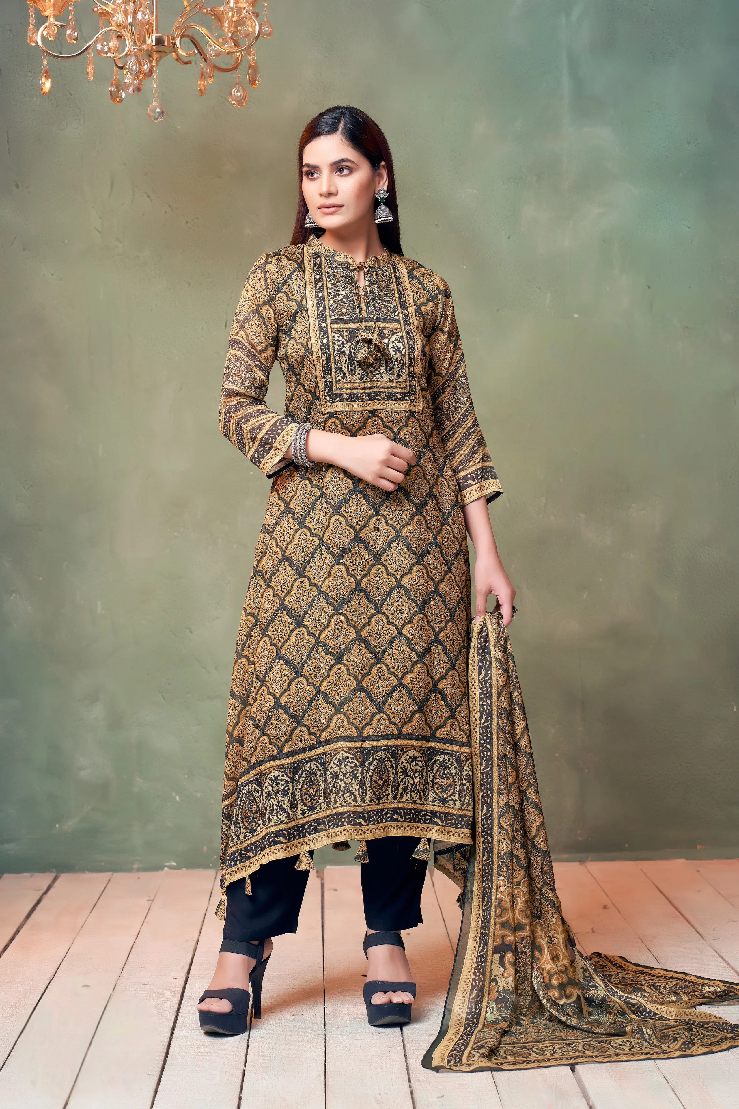Mustard & Black Printed Muslin Kurta Set with Matching Dupatta - Mokshaa