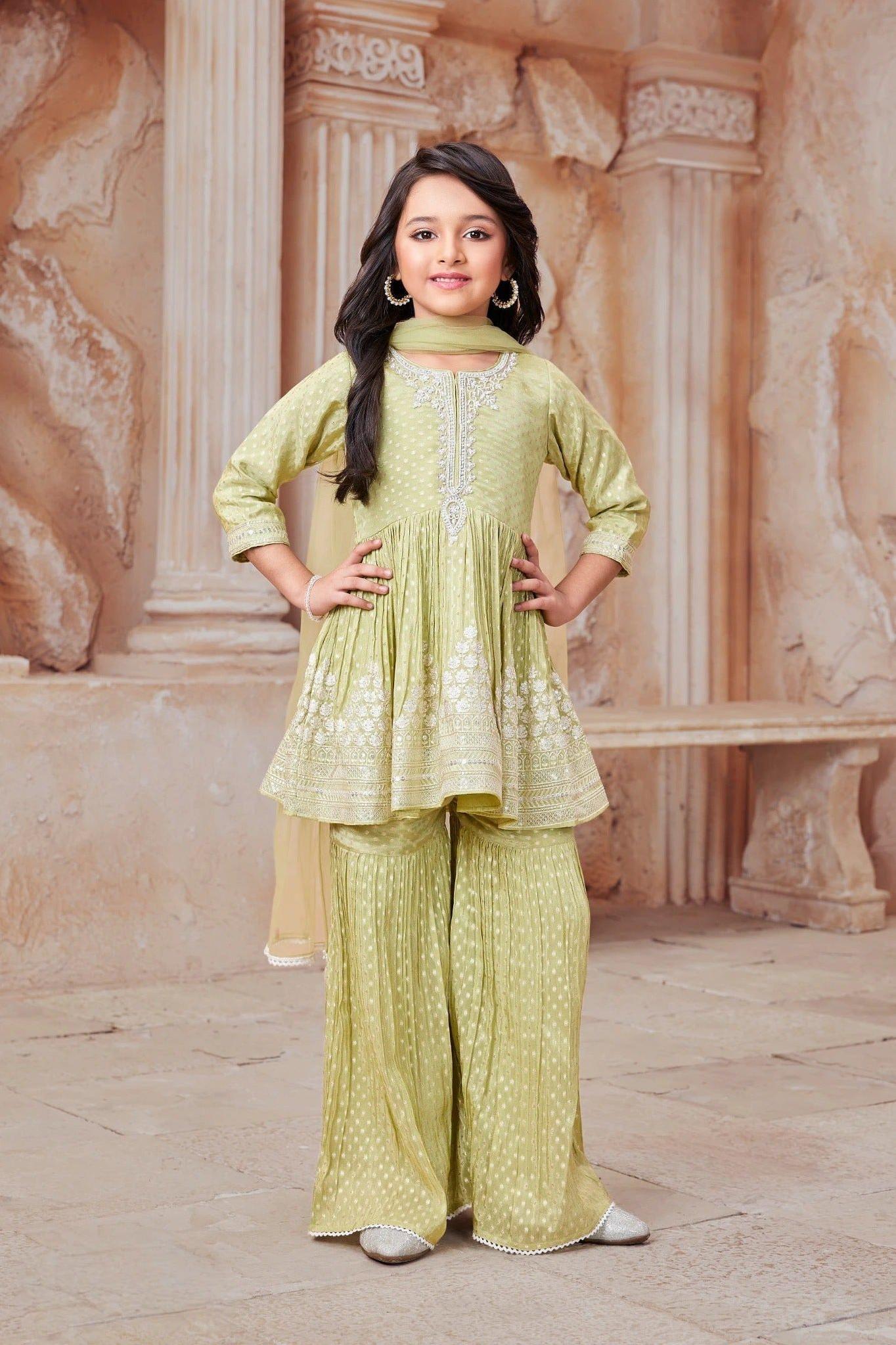 Light Green Embroidered Sharara Set with Peplum Kurta - Mokshaa